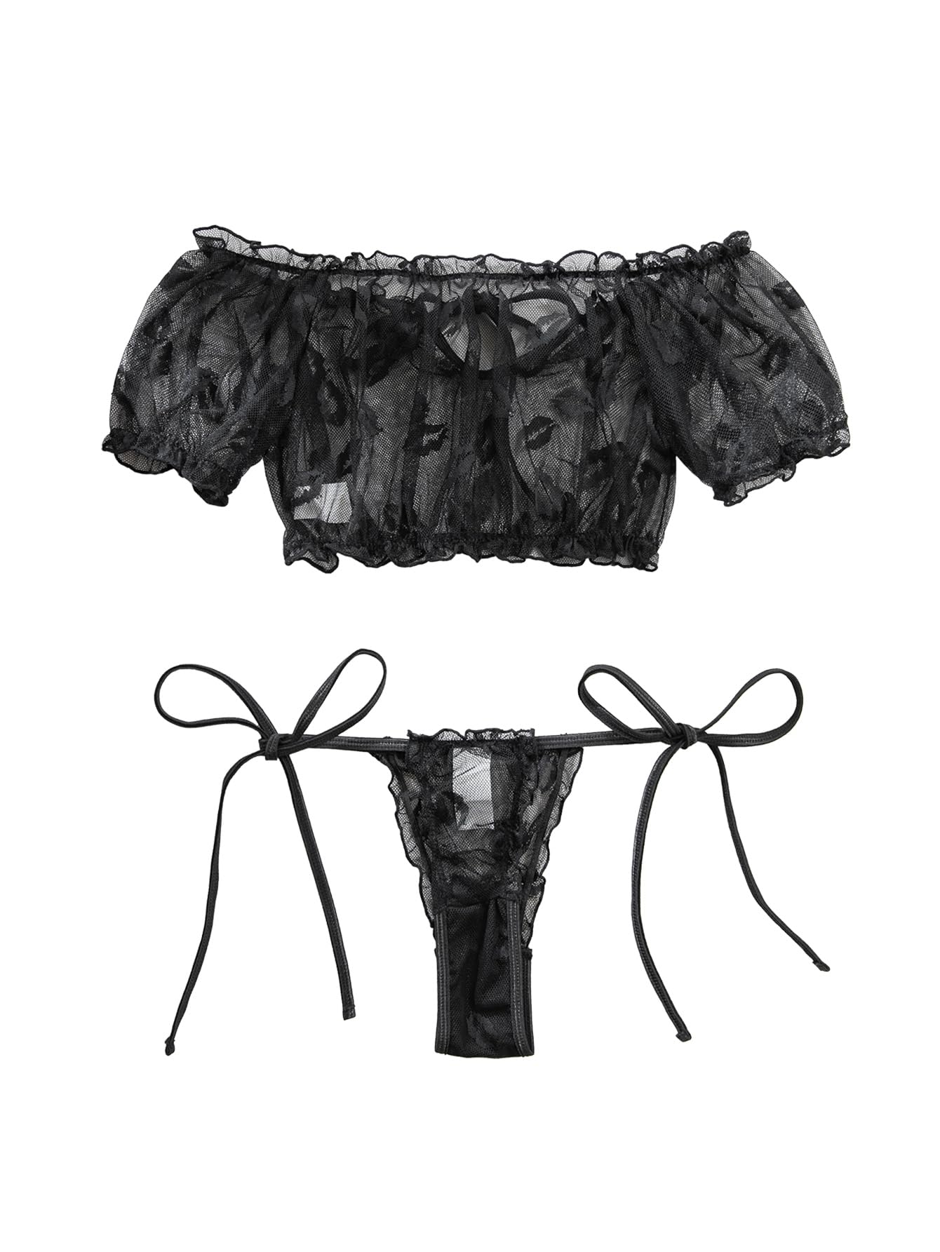 Lilosy Sexy Stretch Ruffle Tie Sheer Mesh Lingerie Set Outfits: 2X-Small Lips Sheer Black