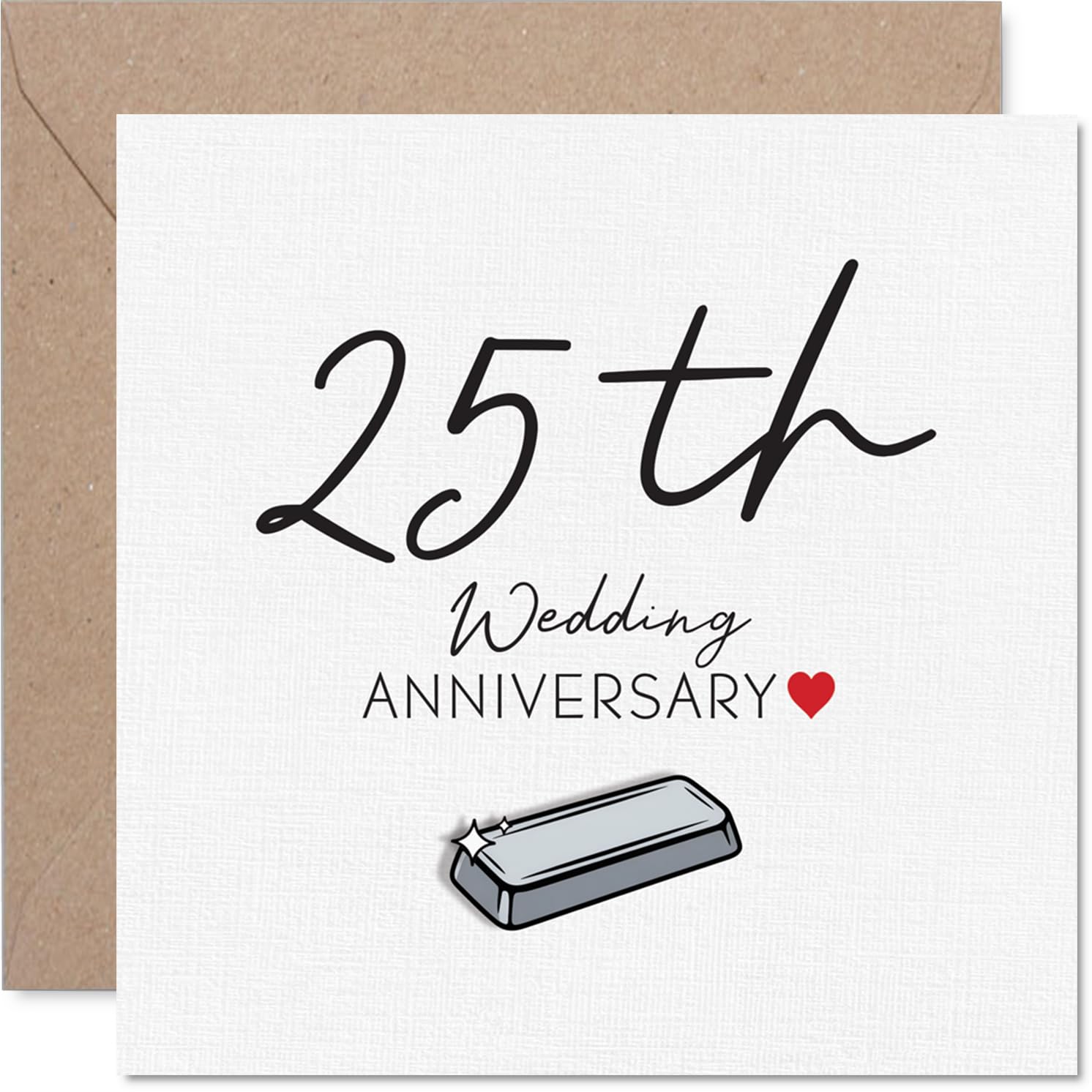 Sentimental 25th Anniversary Card - Celebrating 25 Years Together - Elegant Heart Motif in Red and White - 145mm Square, Envelope Included