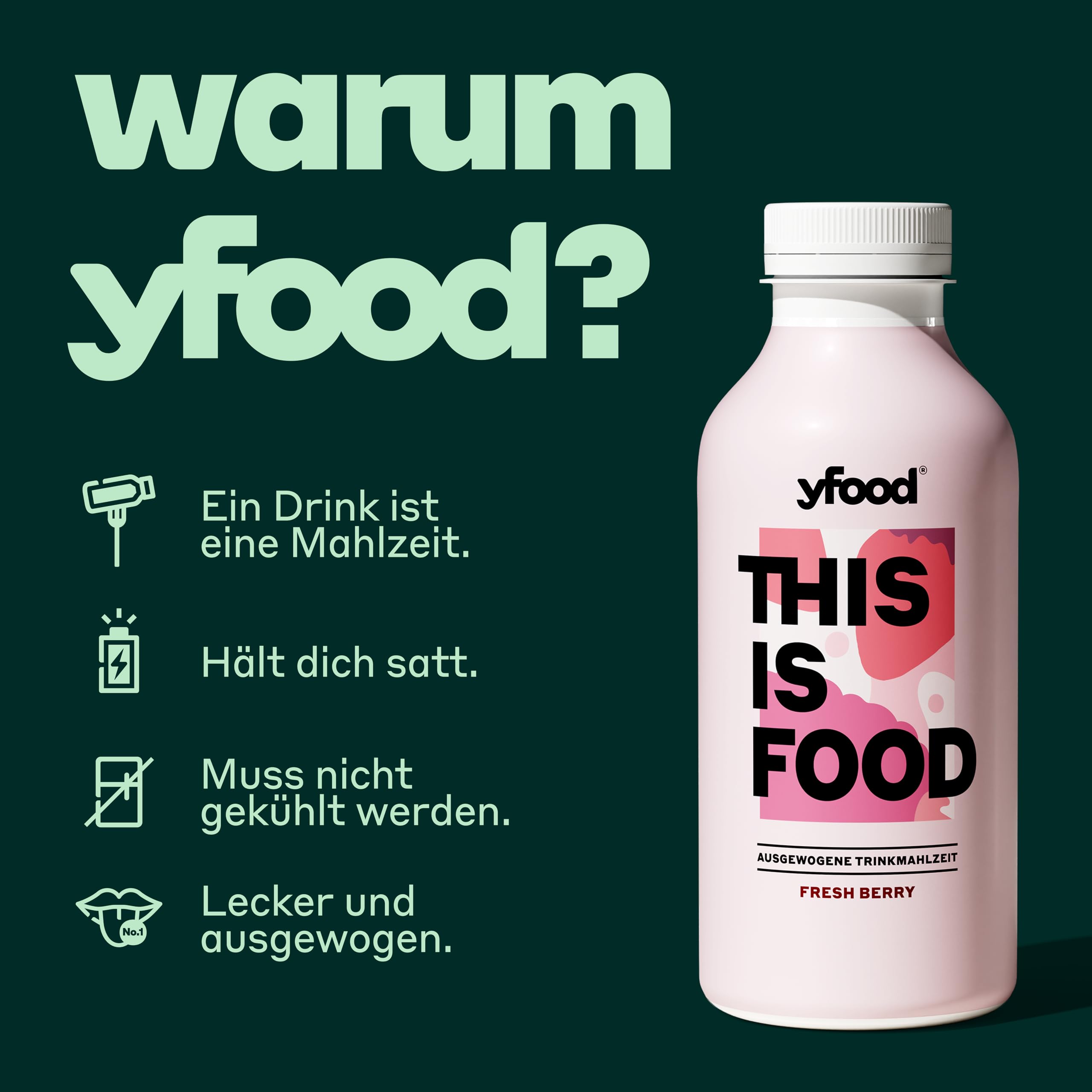 yfood Drink Fresh Berry, Leckere Trinkmahlzeit für unterwegs, THIS IS FOOD Drink, 33g Protein, 26 Vitamine und Mineralstoffe, 6 x 500ml, Geschmack Beere, inkl. 1,50 € Pfand