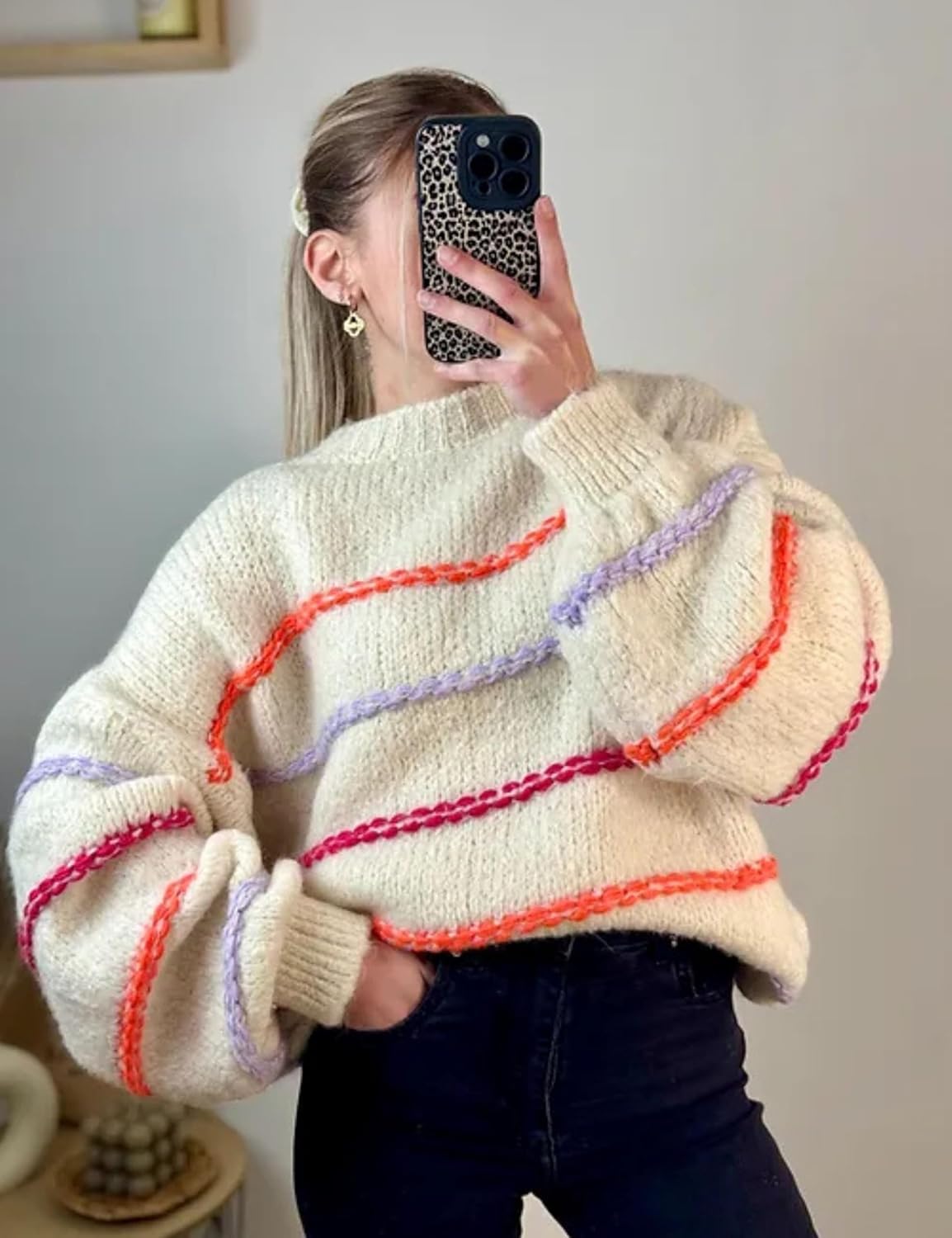 QIBABU Womens Striped Sweaters Casual Lantern Sleeve Color Block Knit Pullover Sweater Tops(2136-Beige-XS-QB) - Image 2