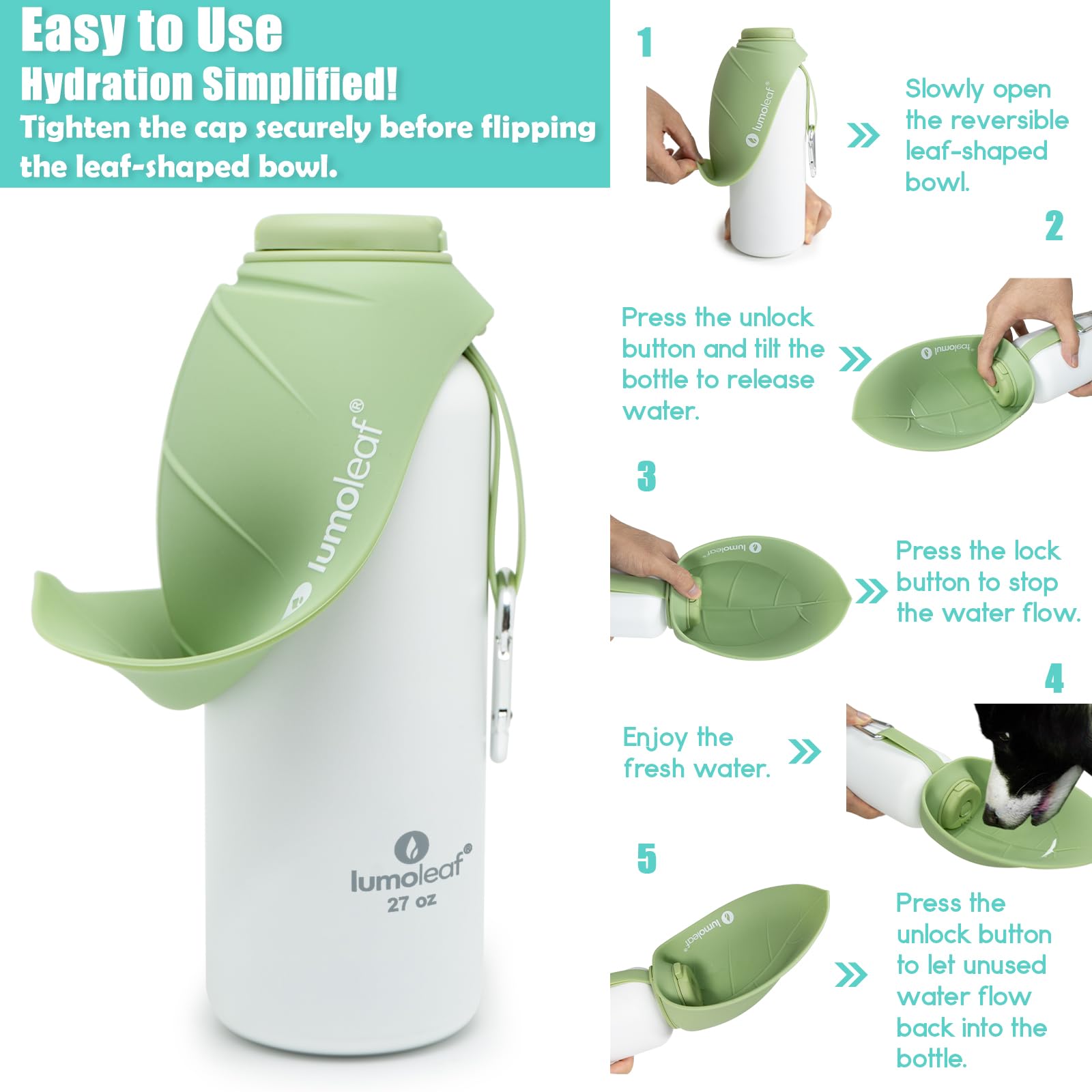 LumoLeaf Borraccia termica per cani, in acciaio inox, 765,4 g, mantiene l'acqua fresca o calda, ciotola portatile per animali domestici, per viaggi, bocca larga per un facile riempimento e pulizia del