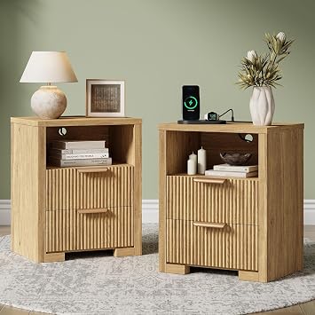 Fluted Tall Nightstands Set of 2 with Charging Station, 2 Drawer Farmhouse Wood Nightstand, Bed Side Tables for Bedroom, Mid Century Modern Nightstand, Natural Oak