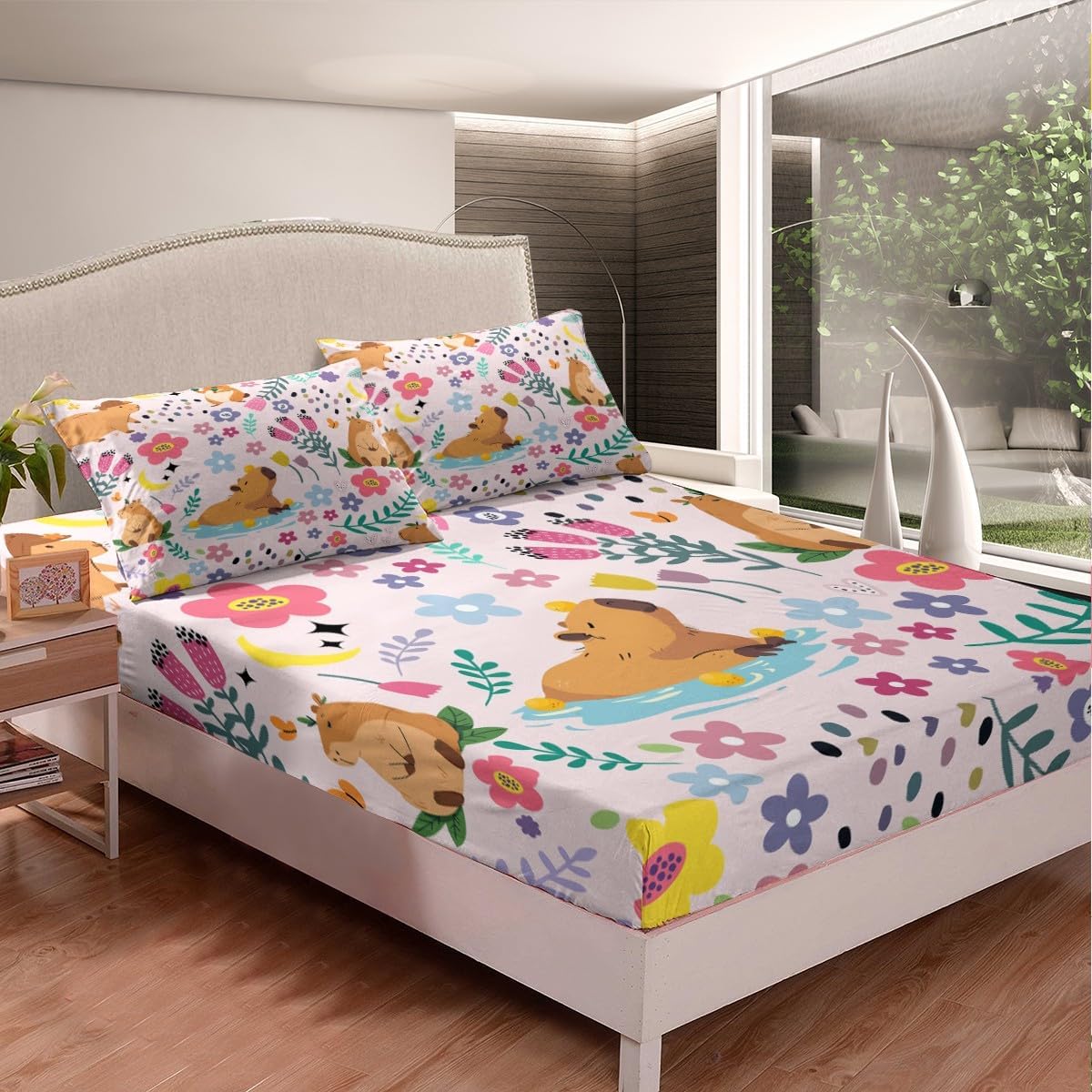 Erosebridal Floral Capybara Twin Fitted Sheet for Girls,Cartoon Animal Bed Sheets for Kids Child,Lovely Flower Moon Floral Bed Set,Groovy Style Pink Bedding Set with 1 Pillowcase,no Flat Sheet