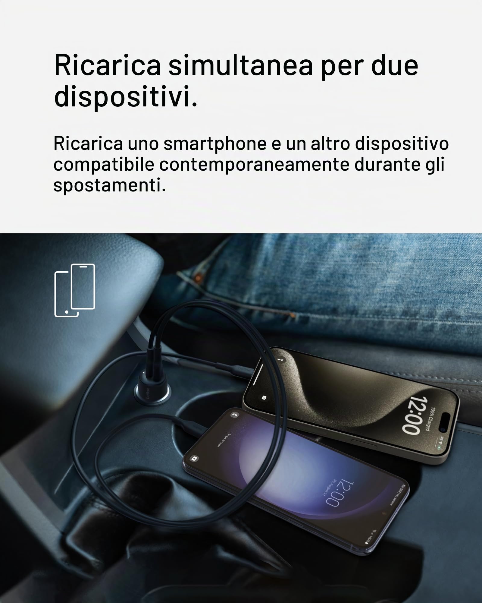 Belkin BoostCharge Doppio caricabatteria da auto da 42 W con ricarica rapida USB-C PPS da 30 W e porte USB-A da 12 W per iPhone 16,16 Pro,16 Plus,16 Pro Max,15,14,13, Samsung Galaxy S24 e altri, Nero
