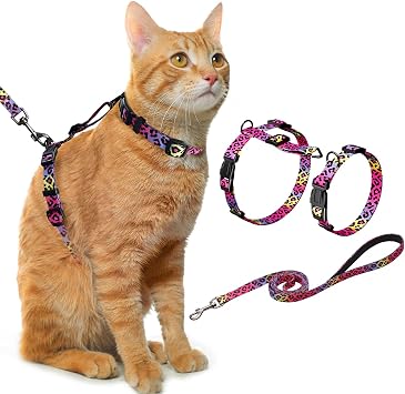 Hikiko Cat Harness and Leash Set,3-in-1 Escape Proof Adjustable Cat Harness, Comfortable Soft Kitten Harness for Small Medium Large Cats Gradient Leopard, S