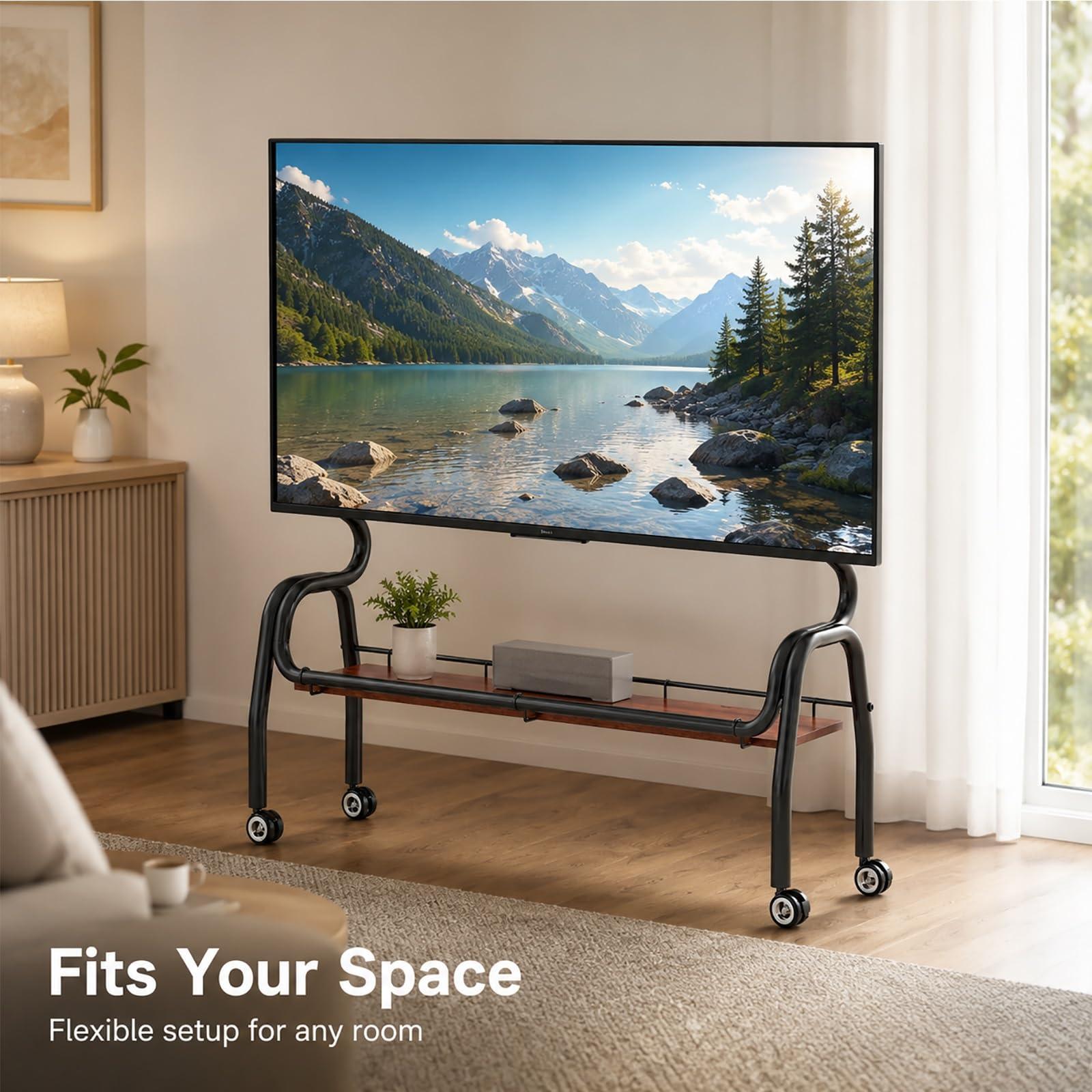 Supporto TV Mobile con Ruote, Supporto TV Spostabile | Ruote Girevoli Silenziose a 360° con Blocco, Ripiano Portaoggetti, Staffa Regolabile(Silver,120cm/47in)