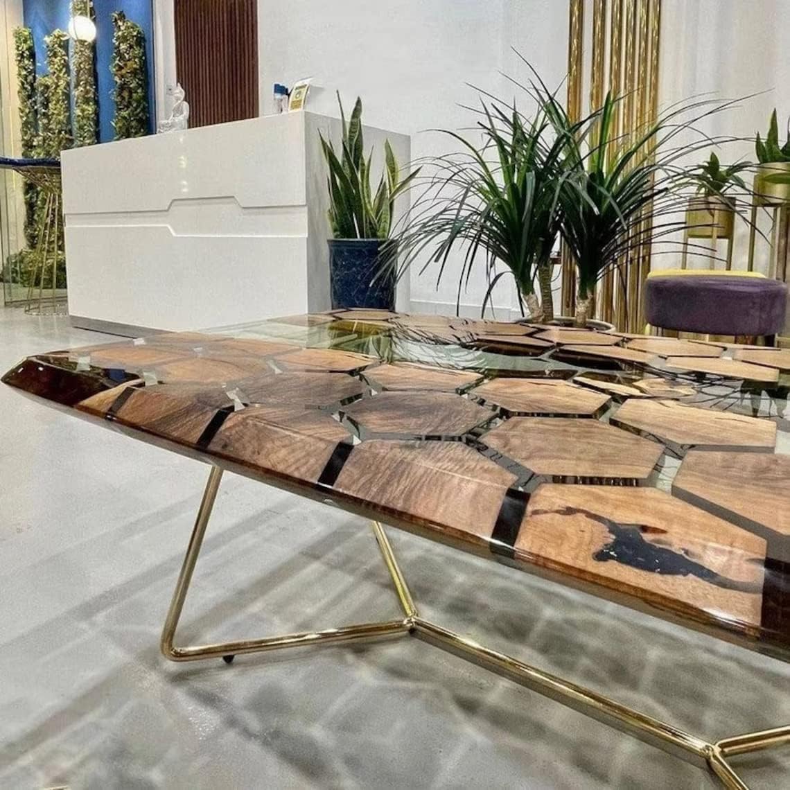 Customized Large Hexagonal Acacia Wood Resin Dining Table, 36 x 20 Inches, 16.5" Tall, 8 Seater image 3