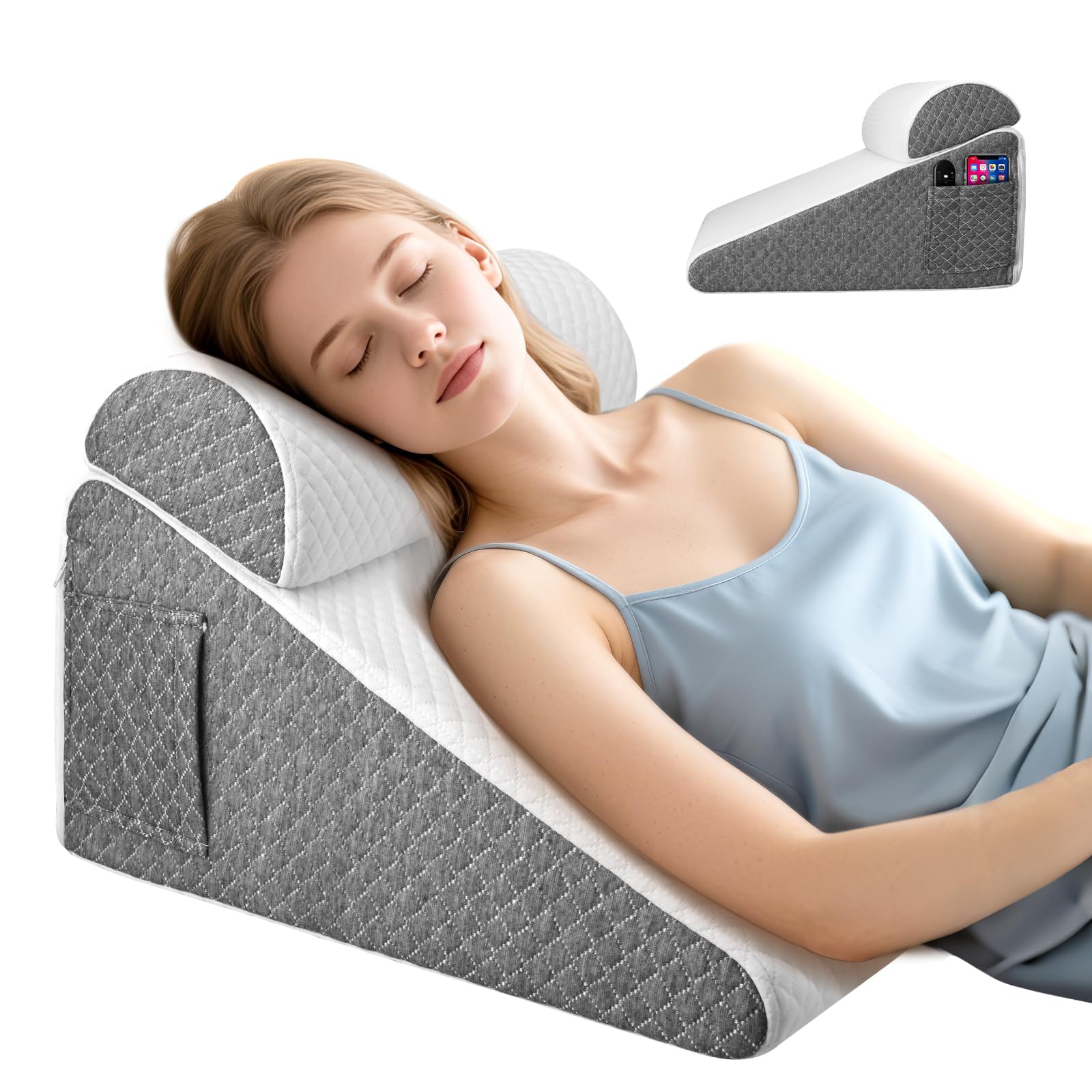 Cojín en cuña para cama, cojín antirreflujo para adultos con soporte para la espalda, ergonómico cojín triangular para el apoyo de la espalda, piernas y rodillas (espuma de alta densidad)