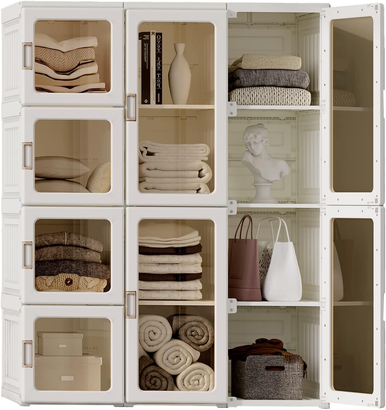 Portable Wardrobe Closet Storage Organizer for Clothes,Transparent Door Panels,Suitable for Living Room, Bedroom,Plastic Wardrobe with Magnetic Door and Easy Assembly 12 Cubes