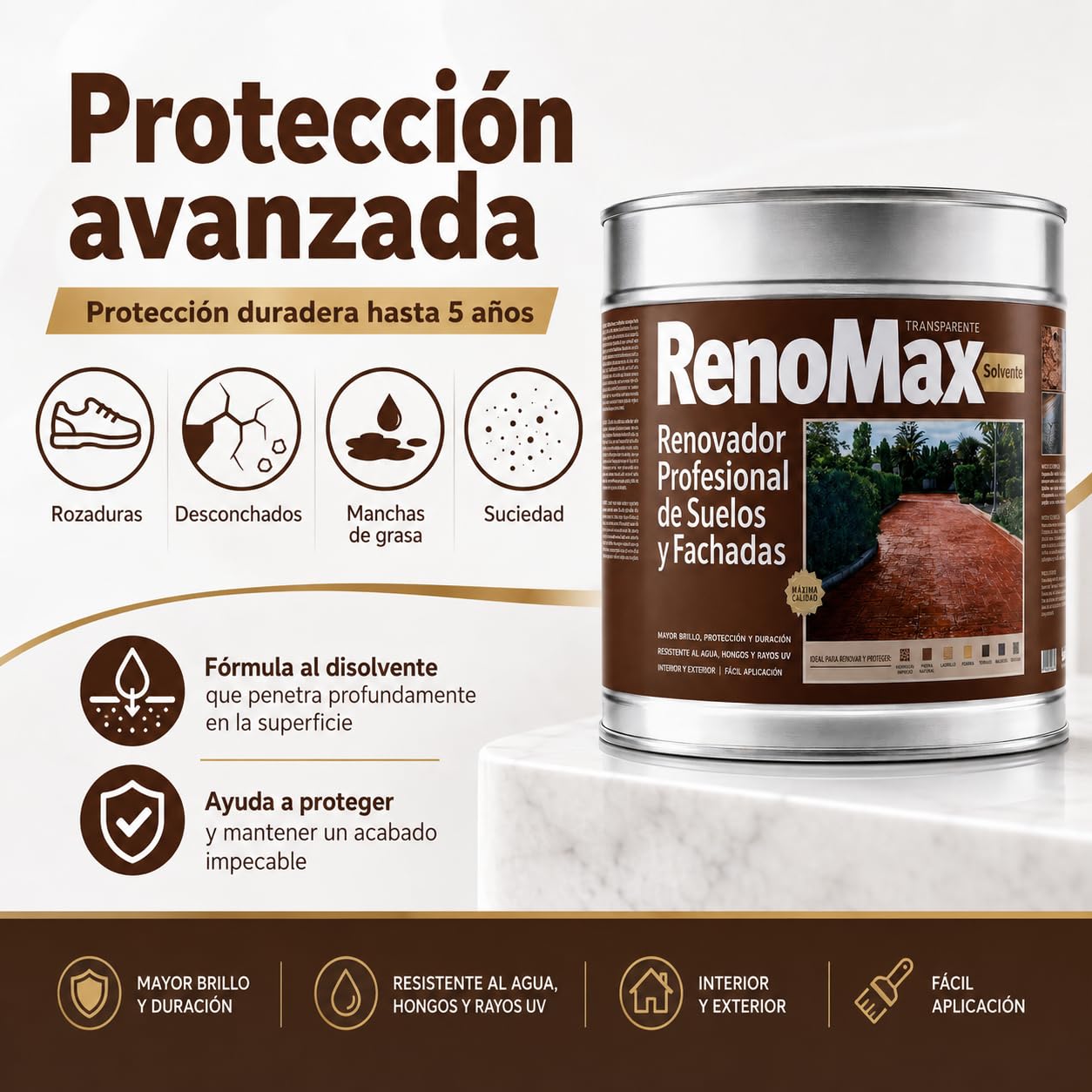 Renomax - Resina Hormigon Impreso y Superficies Porosas Al Disolvente, 15L Cubre hasta 150m² | Repara, Protege y Embellece Suelos y Fachadas | Resina Hormigon Fácil de Aplicar, Garantía 5 Años
