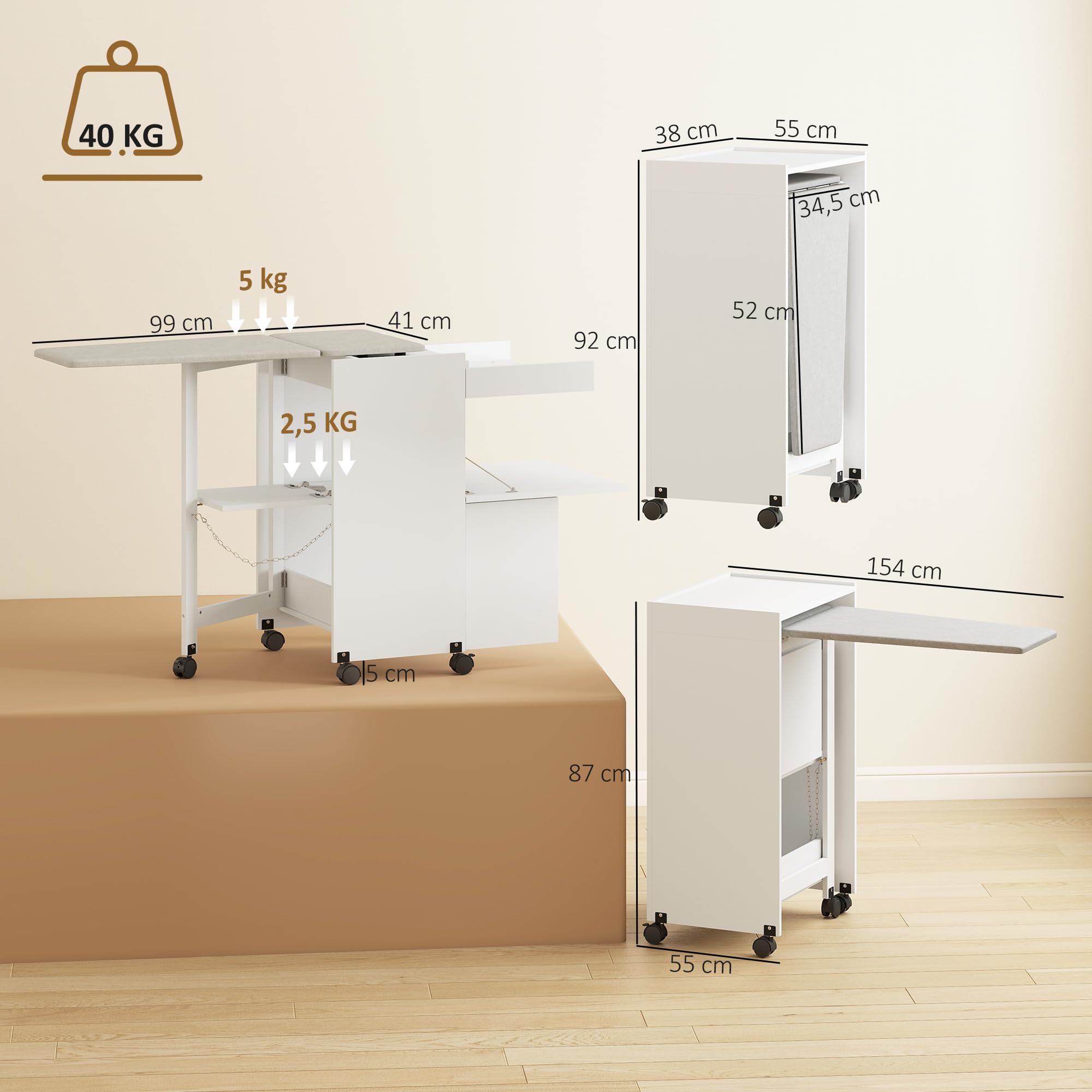 HOMCOM Meuble à Repasser Pliante sur roulettes 154x55x87cm Blanc | Table à Repasser avec Repose-Fer, Portes par Pression, Charnières à Fermeture Douce, pour Petits Espaces, Buanderie