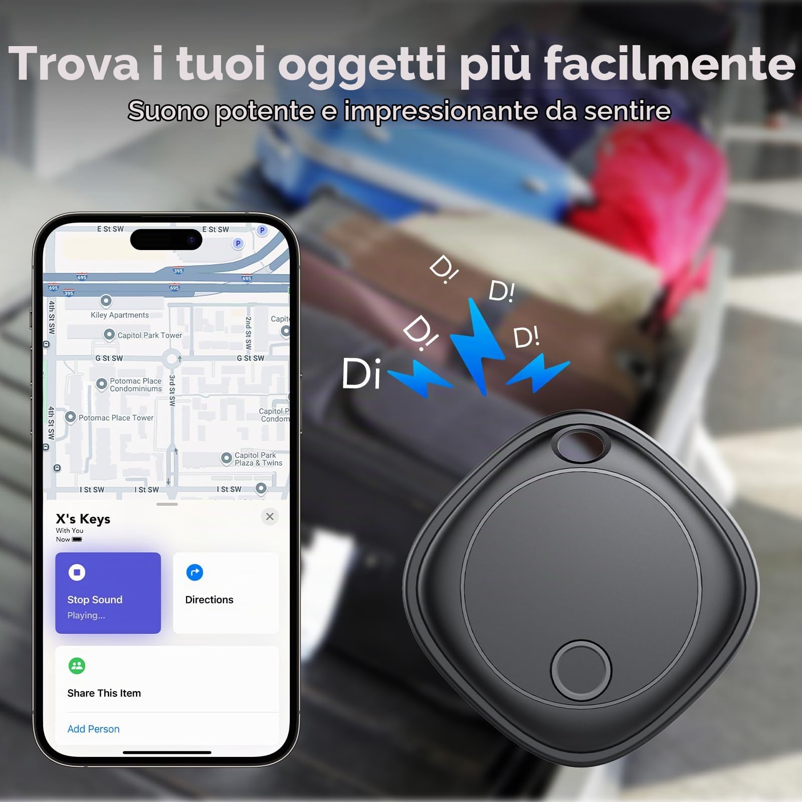 Smart Tracker 2 pezzi, Bluetooth Trova oggetti Compatibile con Apple Dov'è (solo iOS), Batteria sostituibile, IP67 impermeabile, adatto per bagagli, borse, portafogli, zaini, chiavi Tag Tracking