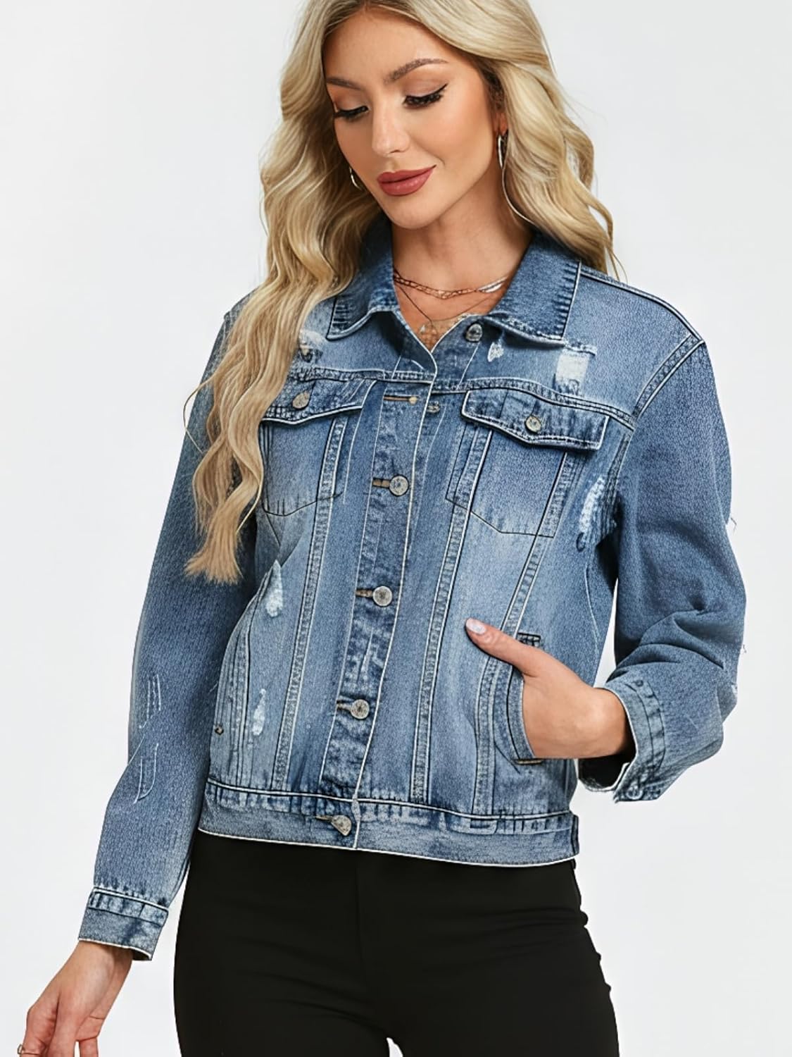 LifeShe Distressed Jean Jacket Women Basic Ripped Denim Jacket Fall Boyfriend Shacket 2026 Trendy - Image 5