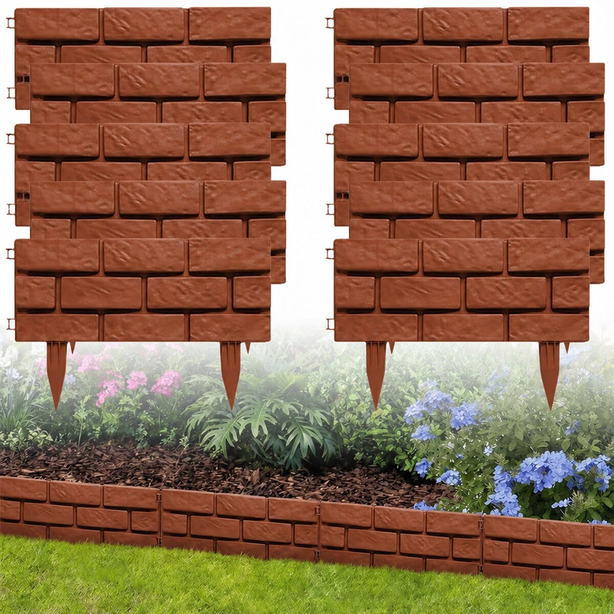 Photo 1 of 14.5 FT Imitation Stone Garden Edging Border, 7 in Tall Landscape Edging Decorative Panels,Lawn Edge for Yard Tree Flower Bed Grass Path,DIY Straight/Curved/Circular Shapes -10PCS Brick-red