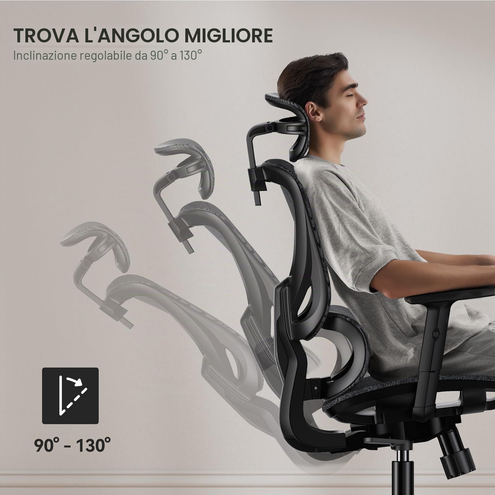 NOBLEWELL - Sedia da ufficio ergonomica con schienale alto, sedia da ufficio in rete con supporto lombare, braccioli 3D, doppio schienale e poggiatesta regolabile