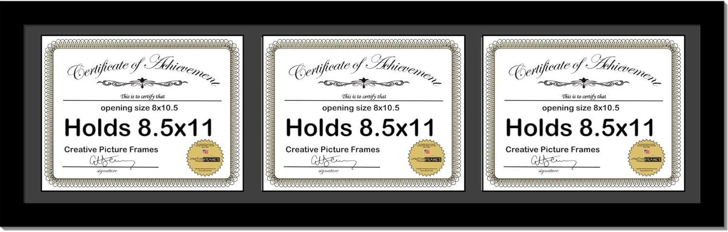 Creative Picture Frames 10X36Bk-B Black Horizontal 8.5X11 Triple Diploma Frame With 3 Opening Black Mat, Holds 3 8.5X11 Inch Documents With Wall Hanger