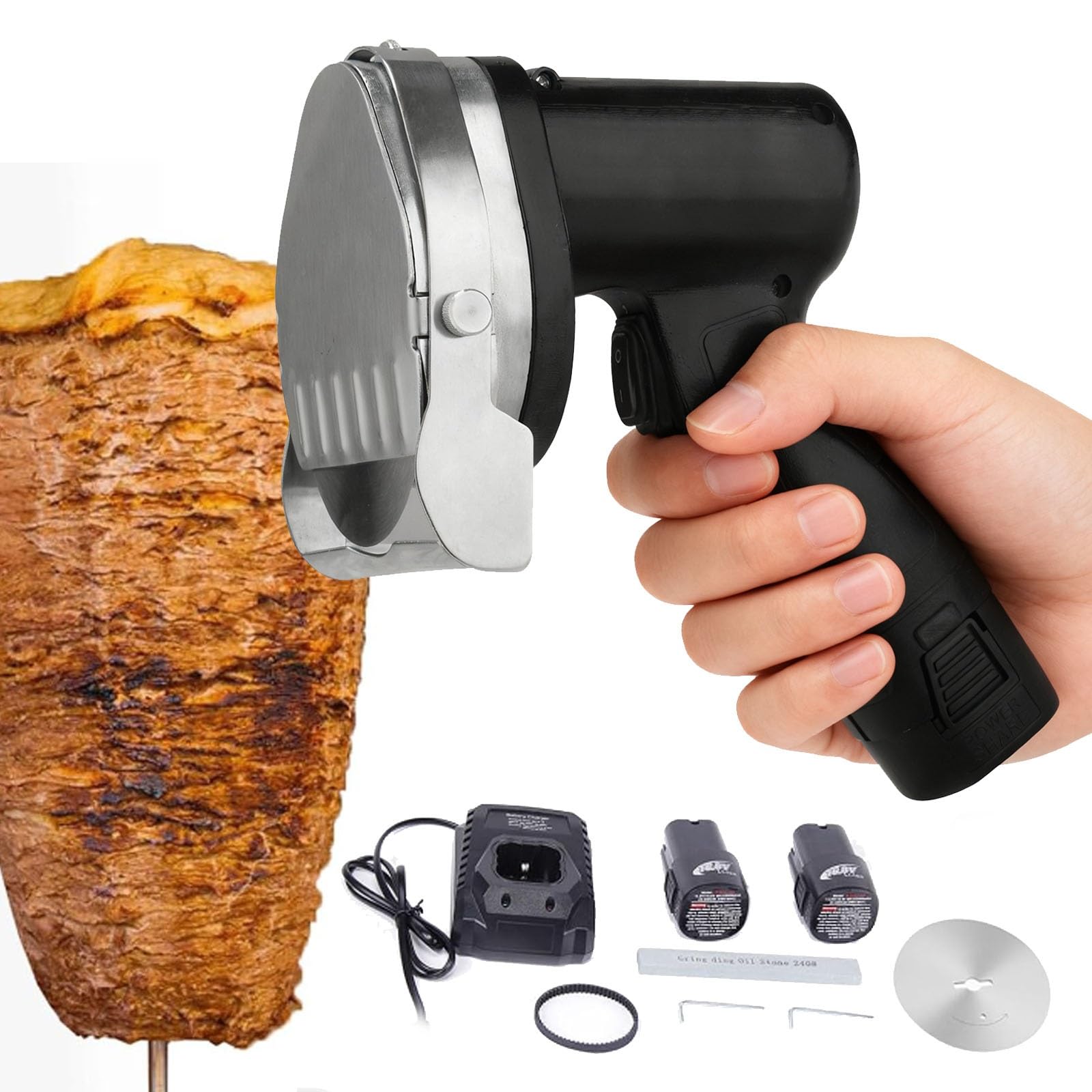 Cuchillo eléctrico for kebab, 80 W, cuchillo turco comercial for shawarma, cortador tipo gyro, 2800 RPM con 2 cuchillas, grosor ajustable de 0 a 8 mm.(Flat)