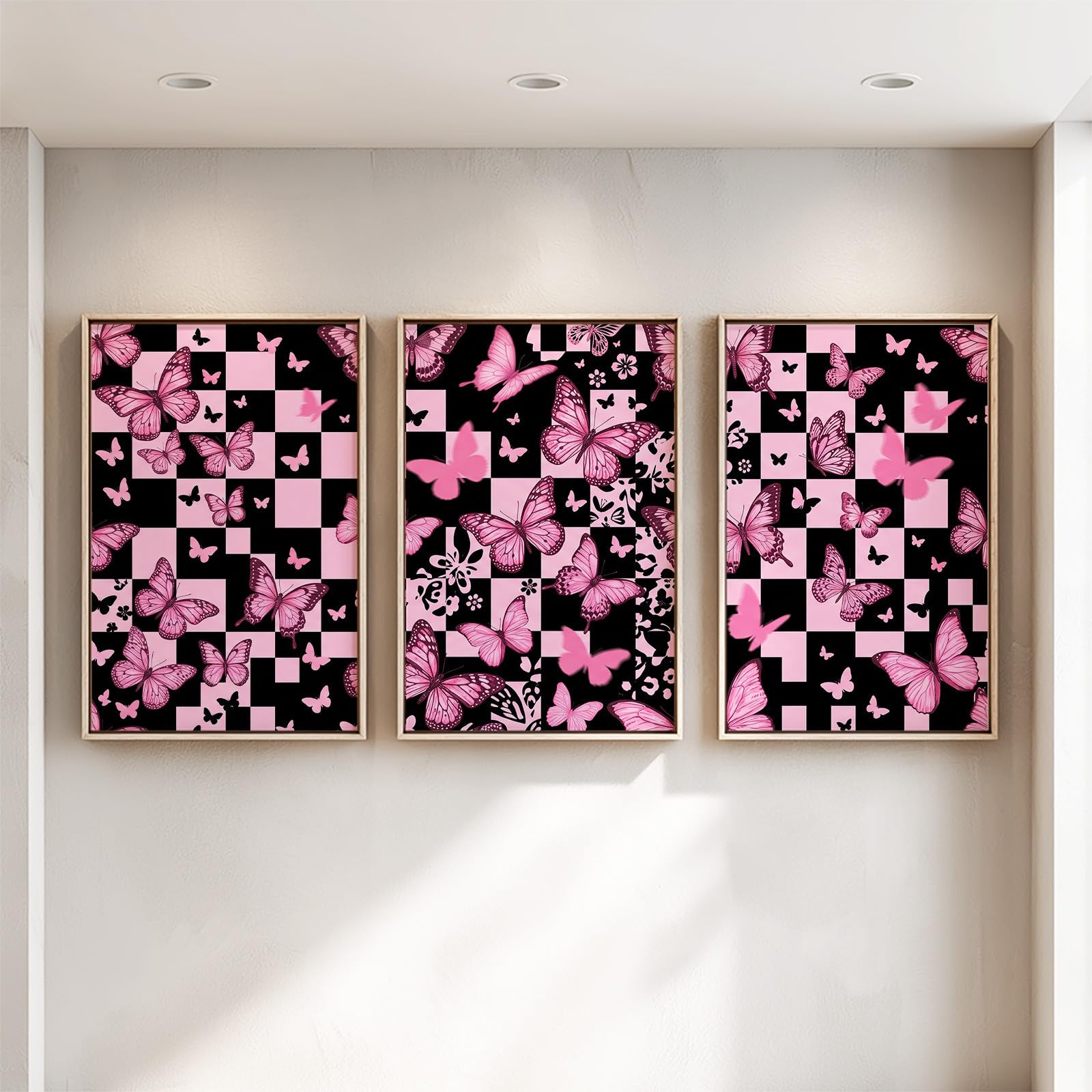 Generisch Juego de 3 pósteres Y2K a cuadros, cuadros negros y rosados, mariposas en negro, para salón, dormitorio, comedor, arte de pared, sin marco, lienzo (40 x 60 cm)