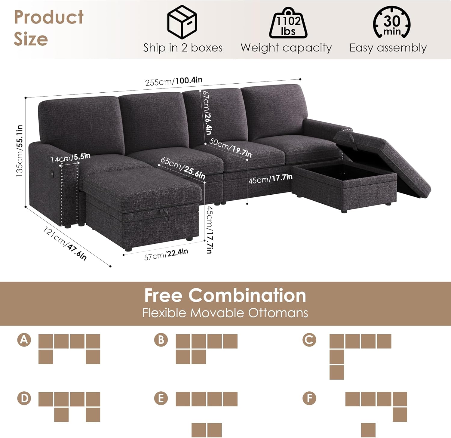 HIFIT sectional sofa product size and free combination options