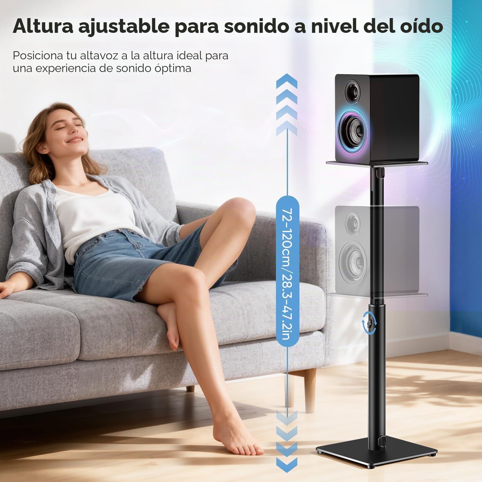 Soporte de Altavoz Regulable,Surround Universal Soporte de Altavoz de Pie Altura Ajustable de 72-120cm,satélites de hasta 15 kg,Montaje Fácil, Gestión de Cables