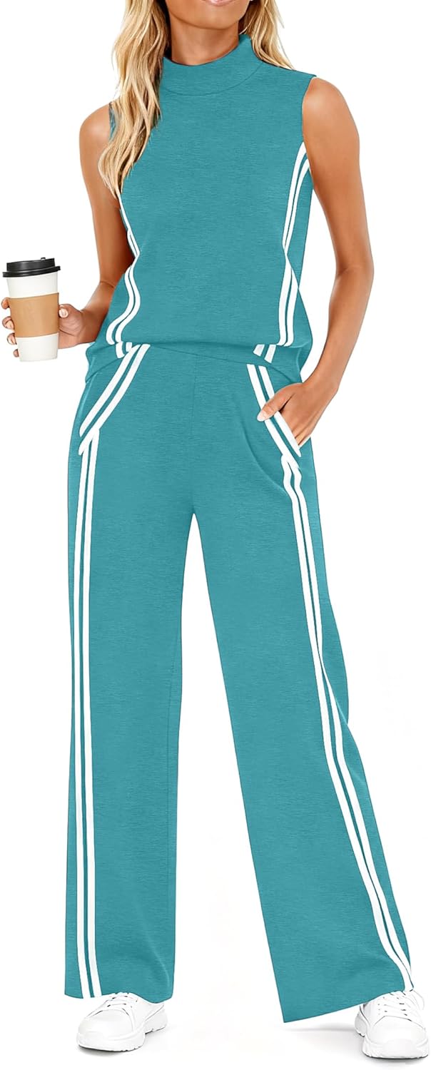 Casly Lamiit Womens 2 Piece Lounge Set Stripes Travel Outfits Sweatsuit Mock Neck Tank Top Wide Leg Pants Casual Activewear
