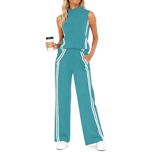 Casly Lamiit Womens 2 Piece Lounge Set Stripes Travel Outfits Sweatsuit Mock Neck Tank Top Wide Leg Pants Casual Activewear