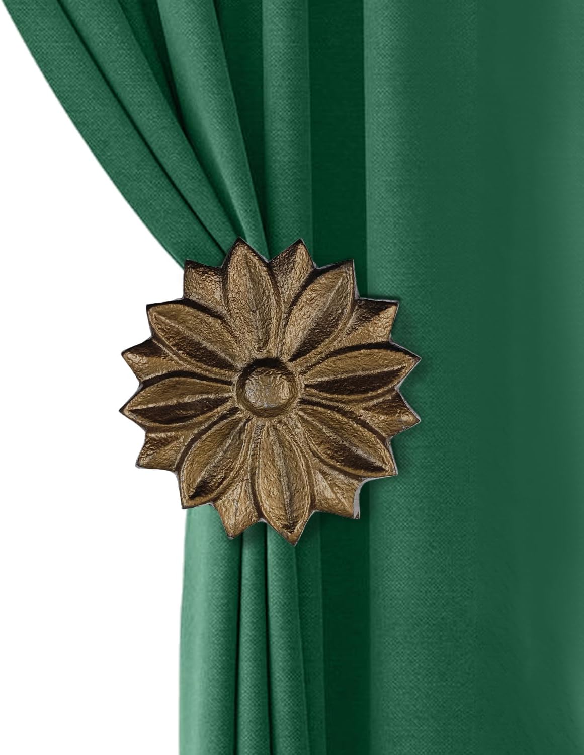 THDC Wall Mounted Floral Curtain Holdbacks (Pack of 4) - Boho Flowery Curtain Holders for Living Room, Bedroom, Office Drapes - Farmhouse Tiebacks for Curtains (Antique Brass Blossom)