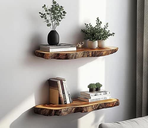 Modern Teak Wood Live Edge Floating Shelves, Wall Mounted, (24"