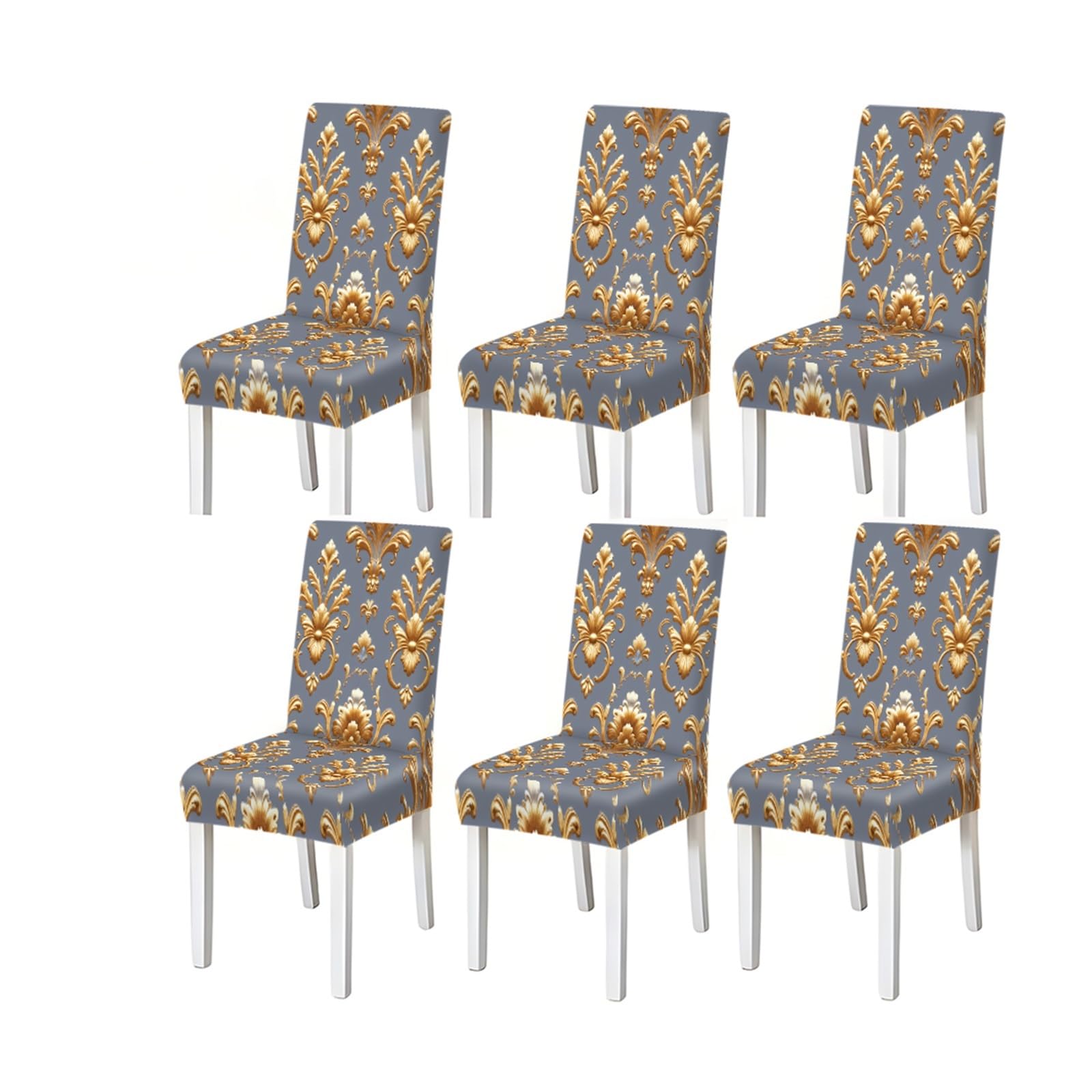 KXUAUV Dusty Blue Gold Baroque Damask Pattern Print Dining Chair Covers Set Of 2/4/6, Stretch Slipcovers For Kitchen Dining Room Seat Protectors for Restaurant Hotel Party(6PCSChair cover)