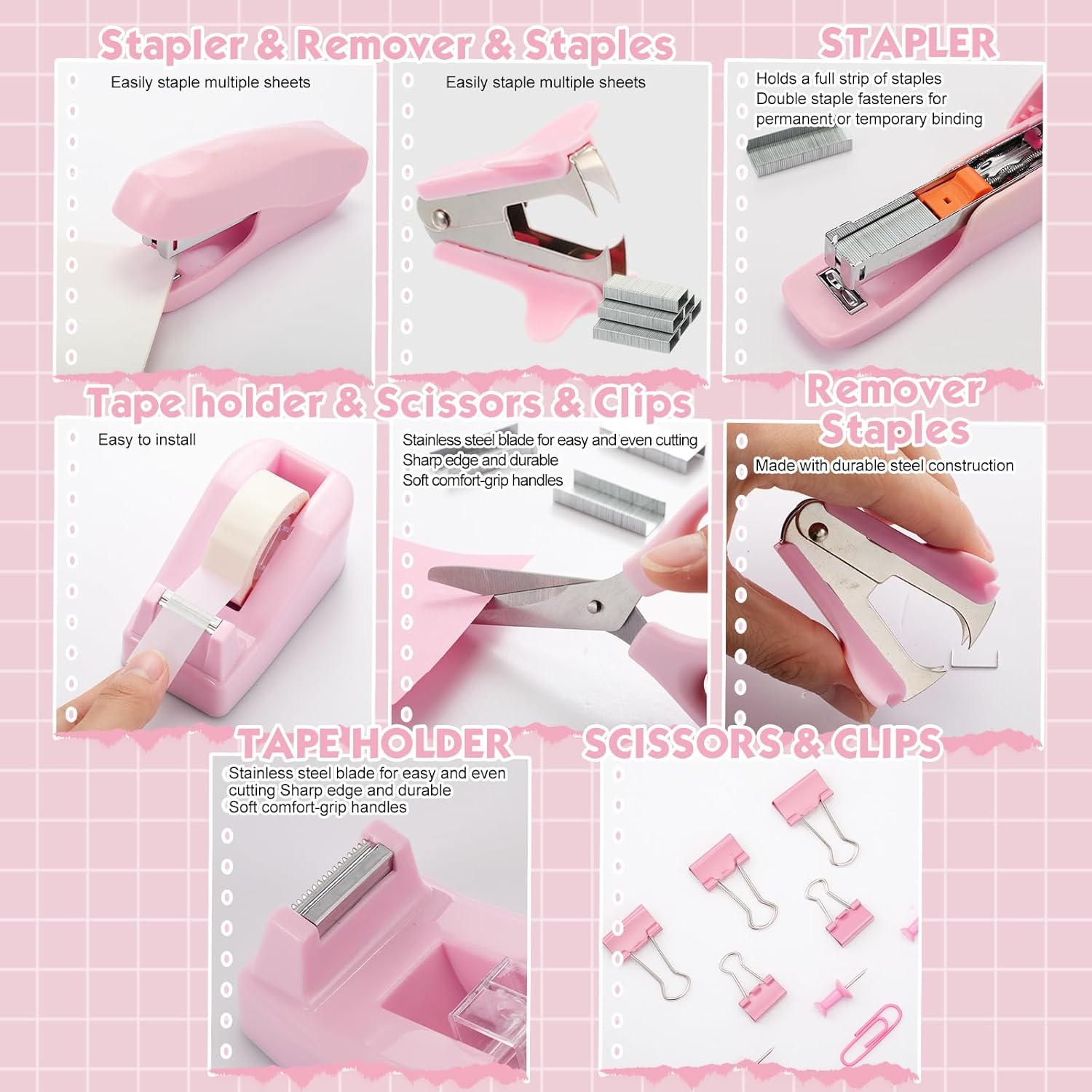 18 Pack Pink Office Supplies Desk Accessories for Women Desk Organizer Box Calculator Staple Remover Stapler Scissors Clips Mouse Pad Sticky Notes Index Notes Tape Dispenser Ruler Tap Pen - Image 4