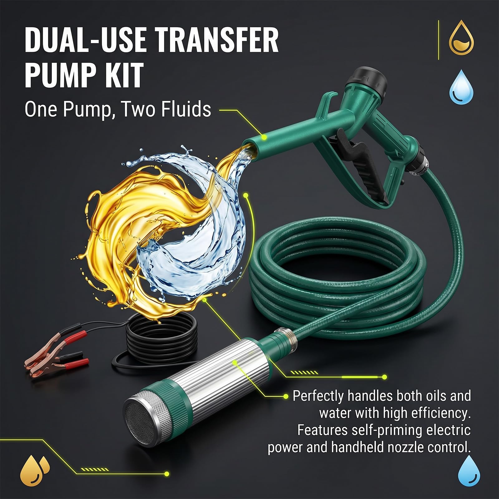 Dieselpumpe 12V 30L/min, Selbstansaugende Heizölpumpe, Kraftstoffpumpe mit 5m Schlauch und Zapfpistole, Elektrisch Ölpumpe Fördert Diesel, Kerosin und Wasser für LKW Boot Traktoren Bagger
