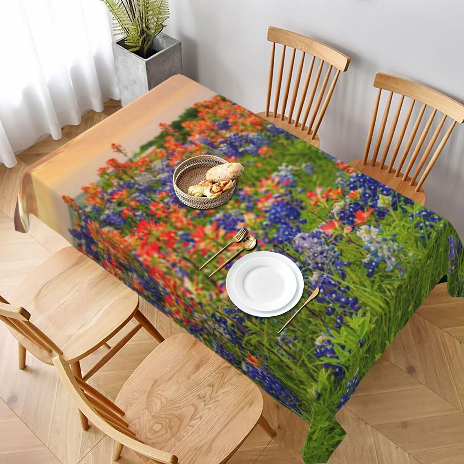 BNVSADC Texas Bluebonnets Scenery Printed Rectangle Tablecloth 228x152 CM, Water Resistant Polyester Table Cloth Decorative Fabric Table Covers for Kitchen Dining Table Parties Camping