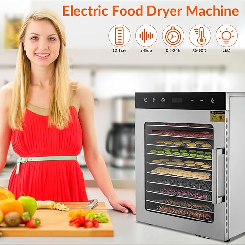 Miniatura 2 de Deshidratador de alimentos de 10 bandejas, deshidratadores para alimentos y cecina, soplador de secado de frutas de acero inoxidable, temperatura y