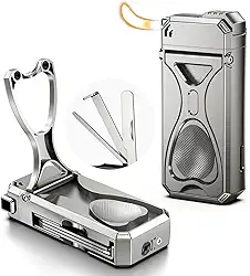 Isqueiro de cachimbo, isqueiro de chama macio 4 em 1 com suporte de tubo, 3 ferramentas de limpeza de tubos dobráveis, butano recarregável, conjunto de cachimbo masculino presente (prateado)