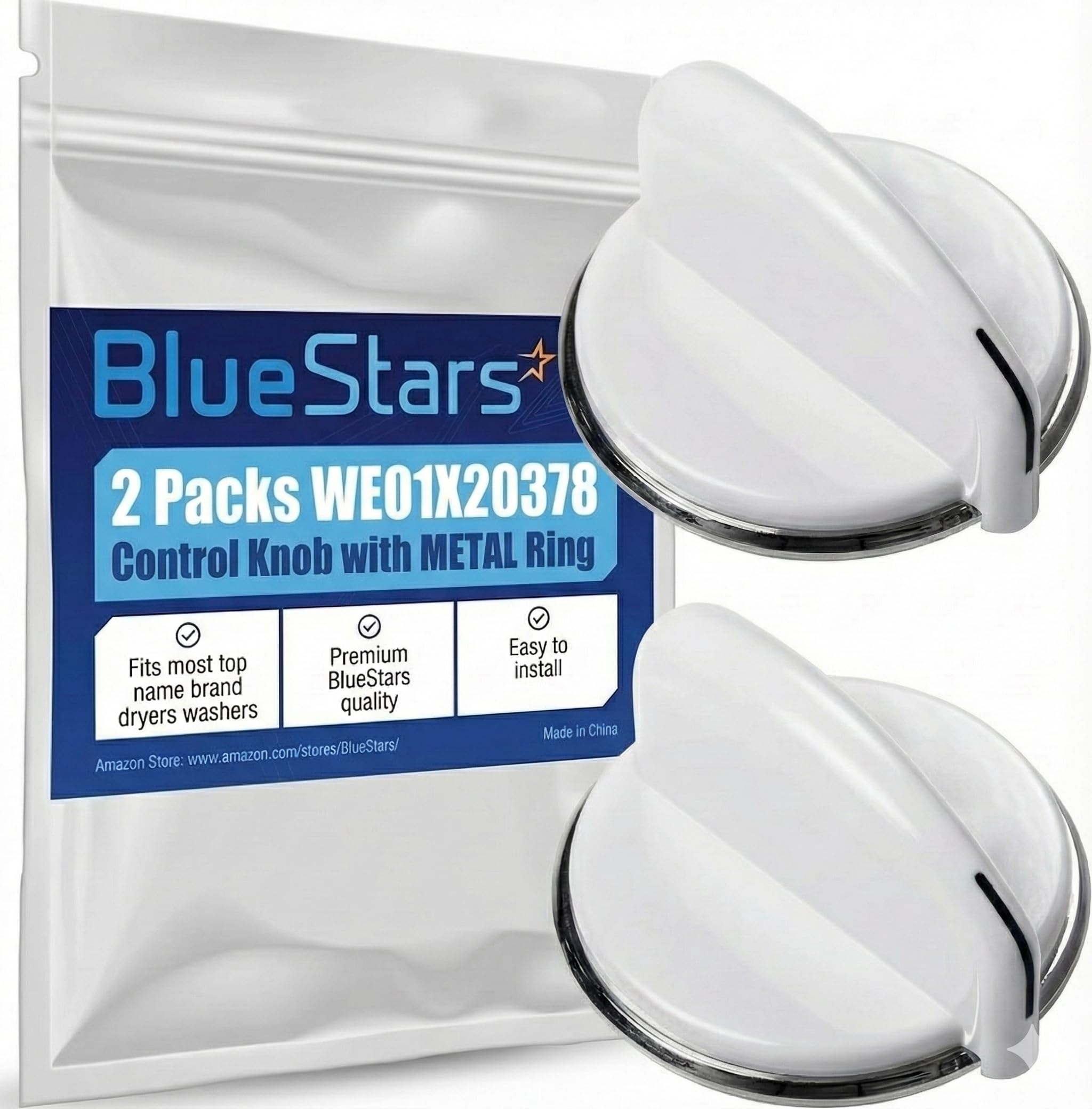 Unbreakable WE01X20378 Control Knob with Metal Ring Replacement Part Exact Fit for General Electric Dryers and Washers - Replaces WE01X20432 WH01X10307 WH01X10460 - Pack of 2