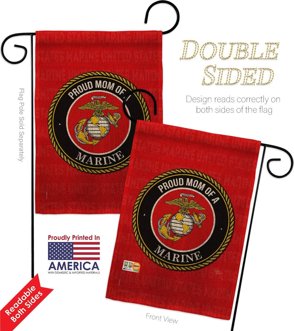 Proud Mom Marines Burlap Burlap Garden Flag Set Wood Dowel Armed Forces Marine Corps USMC Semper Fi United State American Military Veteran Retire Official Gift Yard House Double-Sided 13 X 18.5