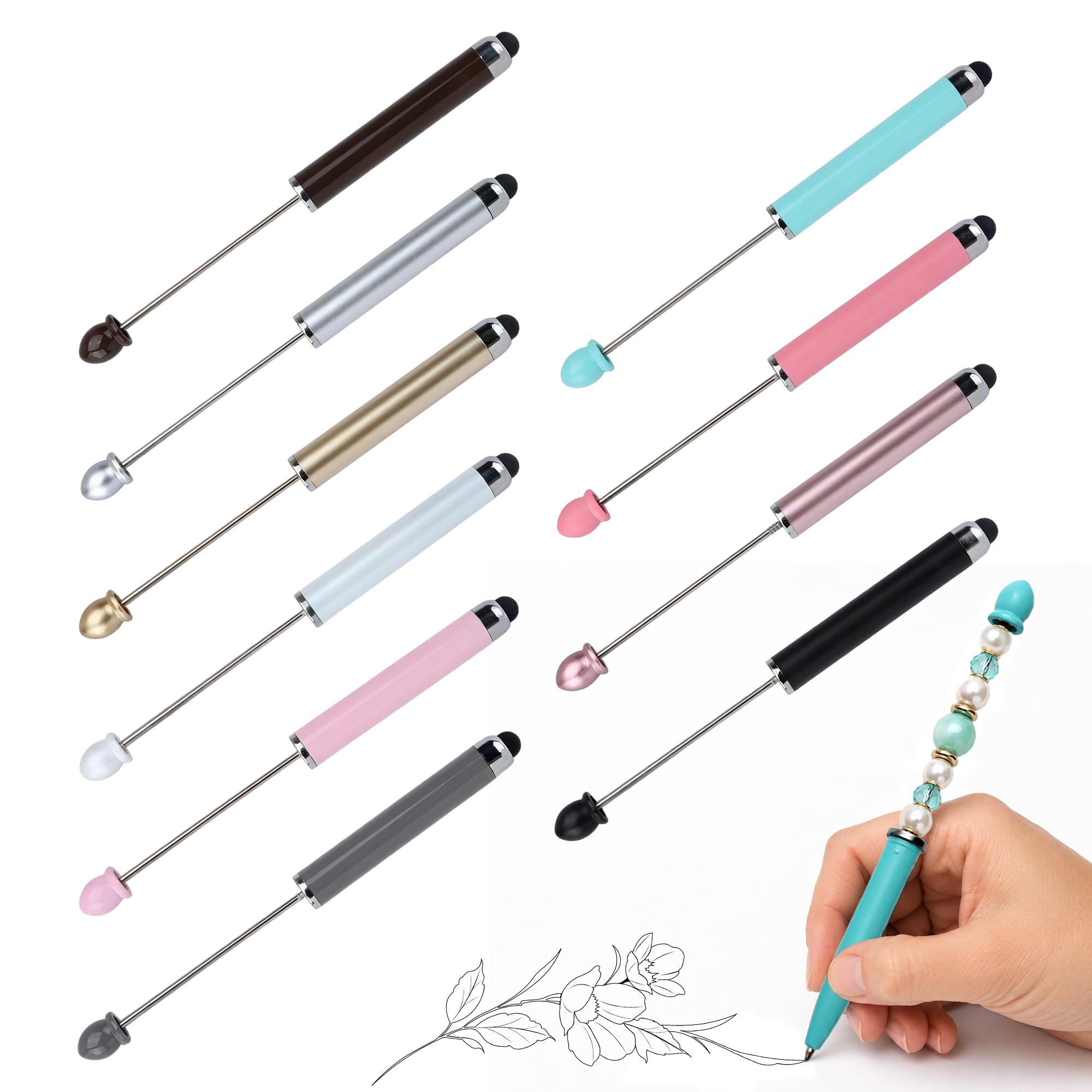 Plastic Beadable Pen, DIY 10 Colours, Dual Purpose Stylus & Writing.