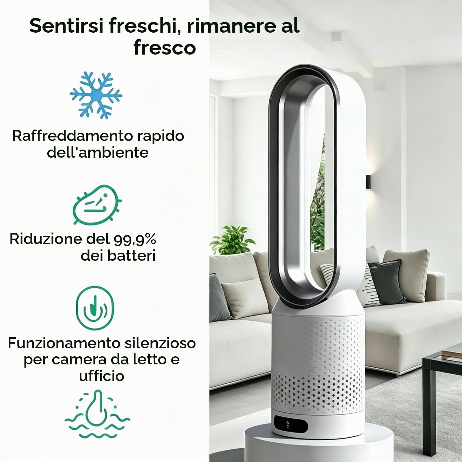 Seladi AirPure V3 - Refrigeratore d'aria 3 in 1, purificatore UV e ionizzatore, 620 l/s, ventilatore a torre con oscillazione a 90°, con telecomando, a risparmio energetico (oro)