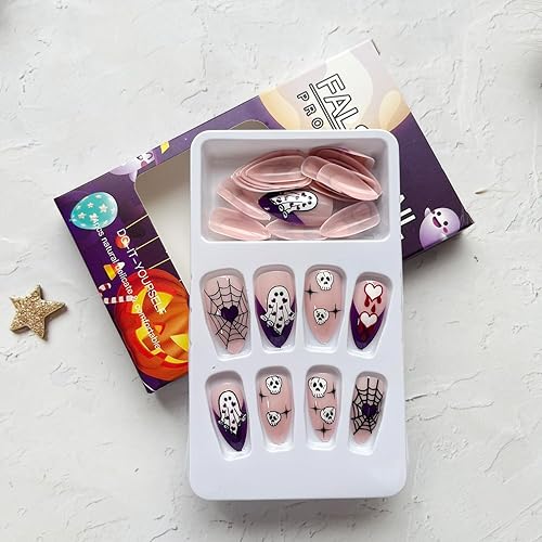 Miniatura 4 de Uñas postizas a presión de Halloween, uñas postizas medianas de almendra, cobertura completa, tela de araña, sangre de Halloween, diseños de uñas