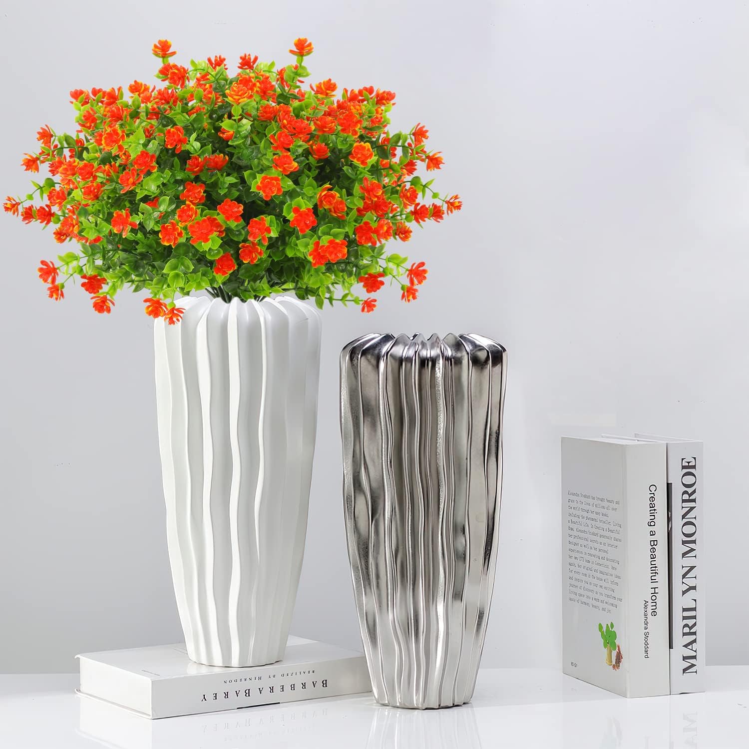 Artificial Flowers Outdoor Fake Flowers - 20 Bundles UV Resistant Faux Plastic Outdoors Flowers Greenery Shrubs for Outside Indoor Decor(Orange Red)