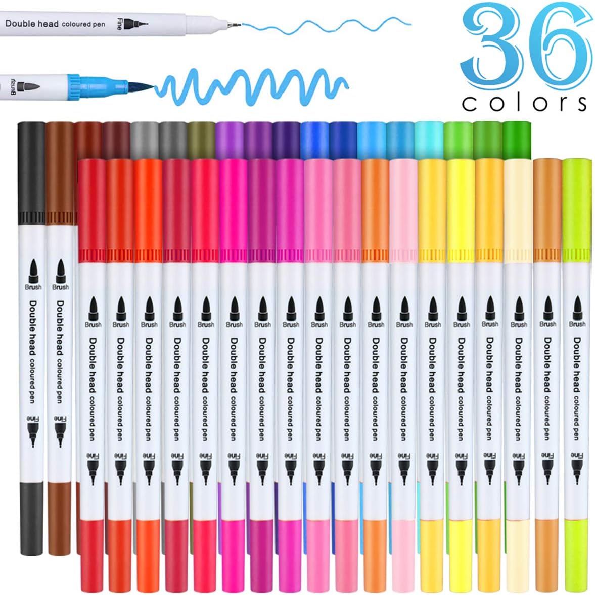 BOIROS 36 Colour Felt Tip Pens Watercolour Marker Pens, Double Art Colouring Pens Fine Tip Brush Markers for Adult Students, DIY Card Making, Photo Album Coloring Books Craft Doodling