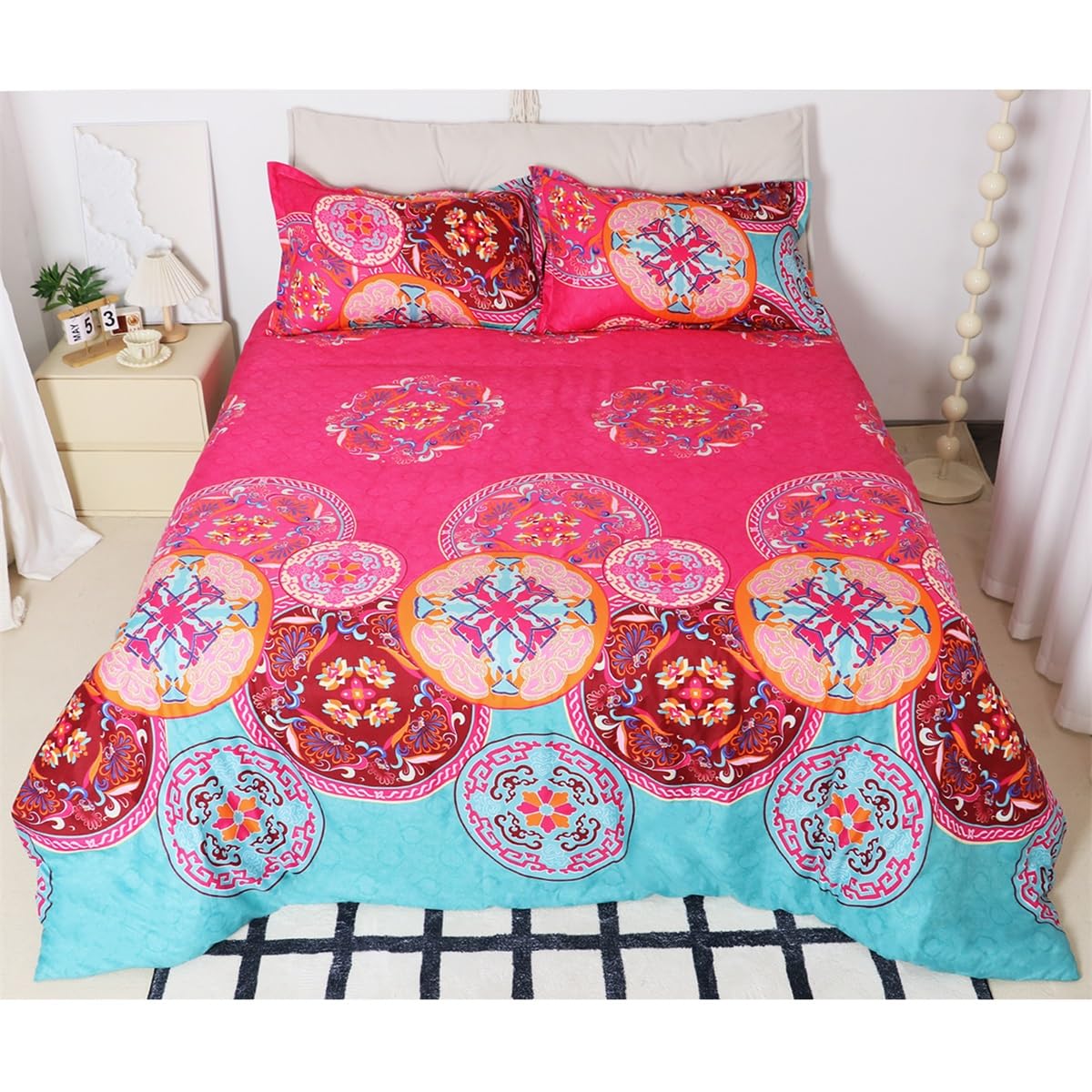 Loussiesd Bohemian Comforter Cover Double Size Southwestern Bedspread Cover Decoration Ethnic Vintage Floral Sheet with 2 Pillow Shams Zipper Soft Microfiber Exotic Tribal Quilt Cover 3 Pieces
