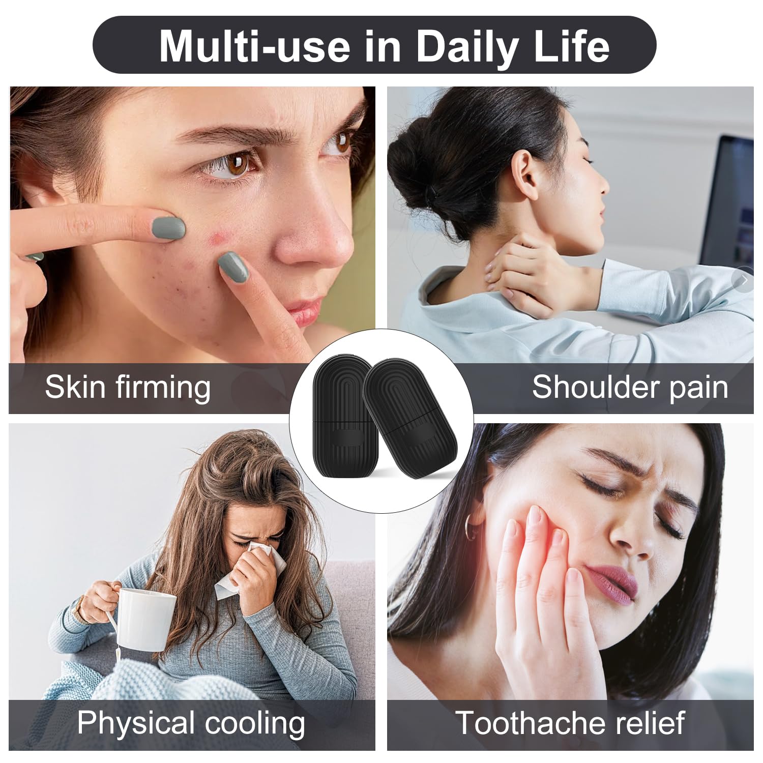 2 Pezzi Ice Roller Viso, Rullo di Ghiaccio Facciale, Stampo Ghiaccio Viso Riutilizzabile in Silicone, Riduzione Pori e Occhiaie, per Routine di Bellezza Naturale (Strisce Nere)