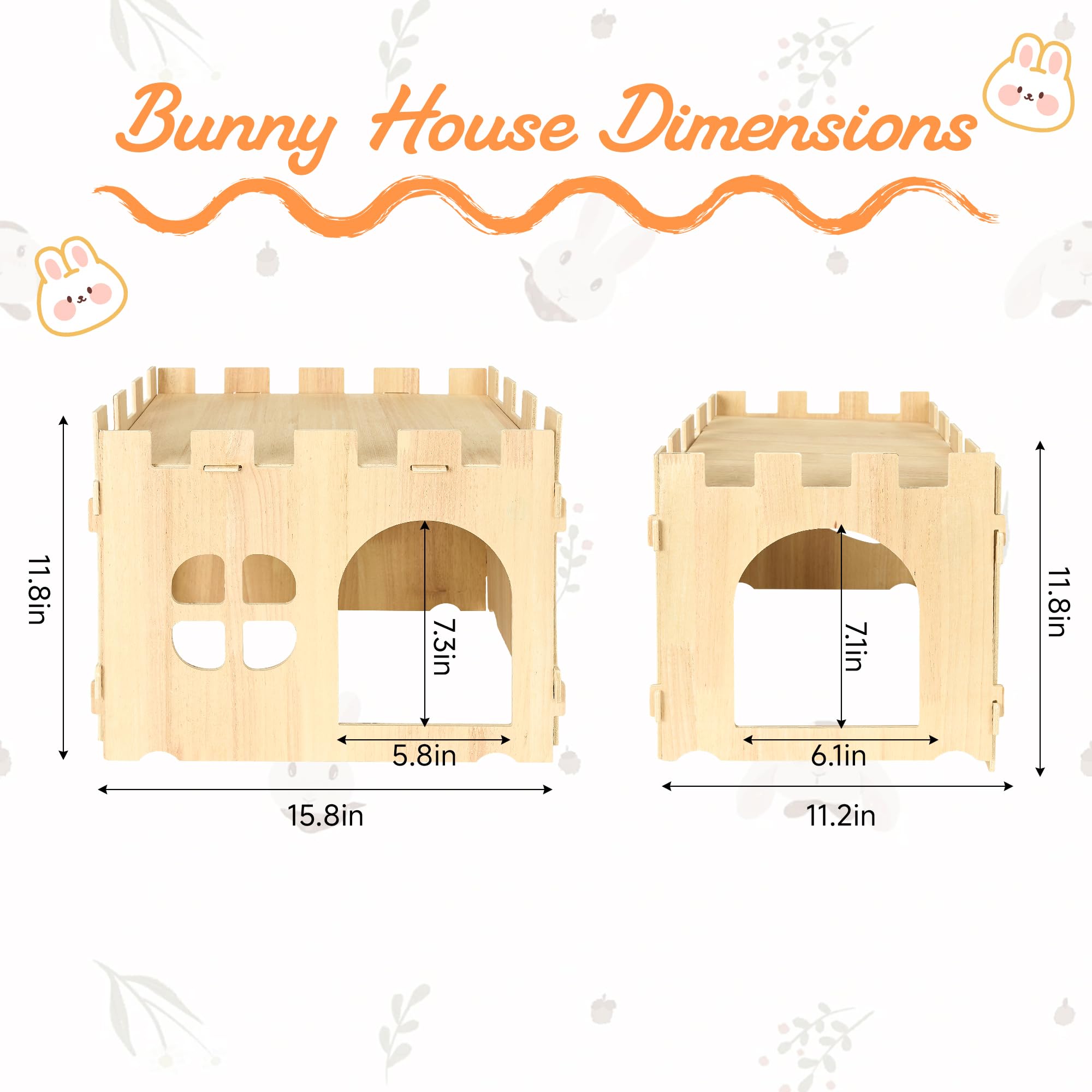 Wooden Rabbit House 40x30x30cm, Large Bunny Castle Detachable Rabbits Hideaway Playhouse - Image 2