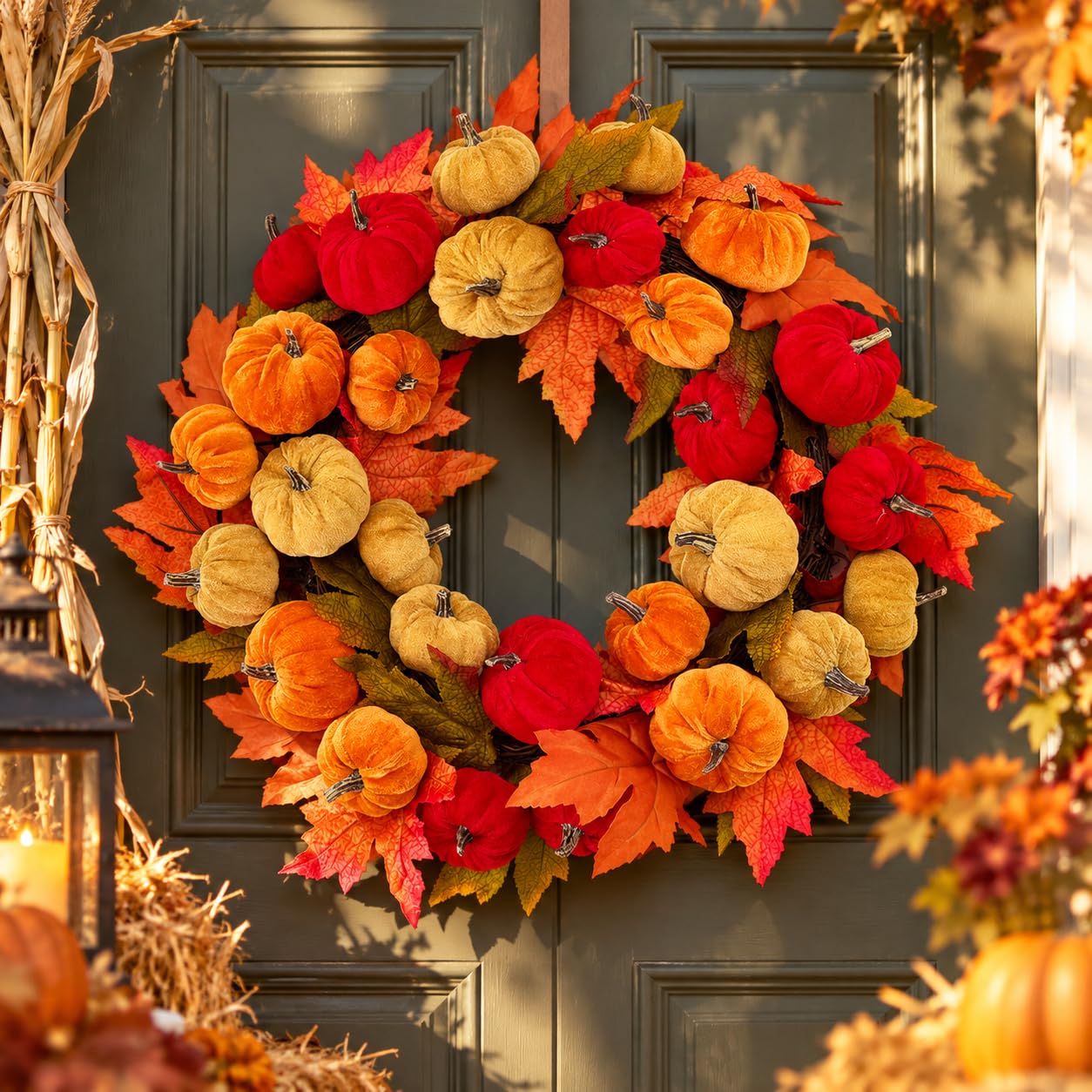 Autumn Wreath Front Door 50cm/20in, Flocked Pumpkin Fall Wreath, Artificial Thanksgiving Wreath for Harvest Festival, Halloween Decorations, Autumn Home Decoration