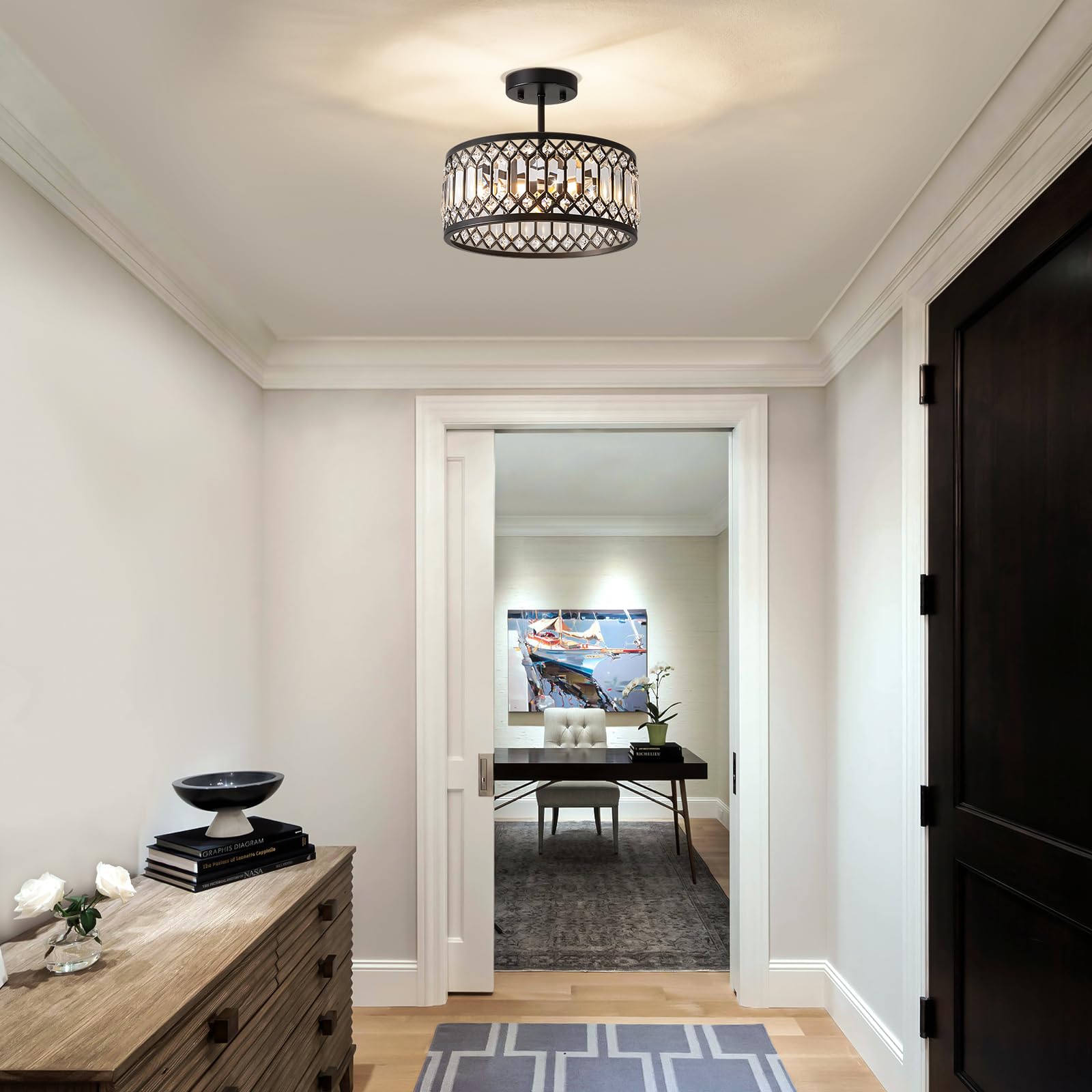 Kristall Kronleuchter,Deckenleuchte Schwarz Mit Kristall Schirm,Sockel E14 Deckenlampe,Moderne Lampe Für Wohnzimmer Schlafzimmer Küche Flur Esszimmer 3-Light