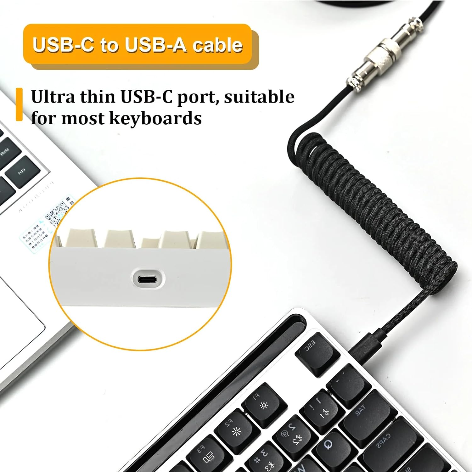 Mechanical Keyboard Aviation Plug Data Cable, Supporting 8KHz Magnetic Axis Keyboard Return Rate, USB-A to Type C Spiral Wear-Resistant Braided Cable, 1.8 Meters (Black)