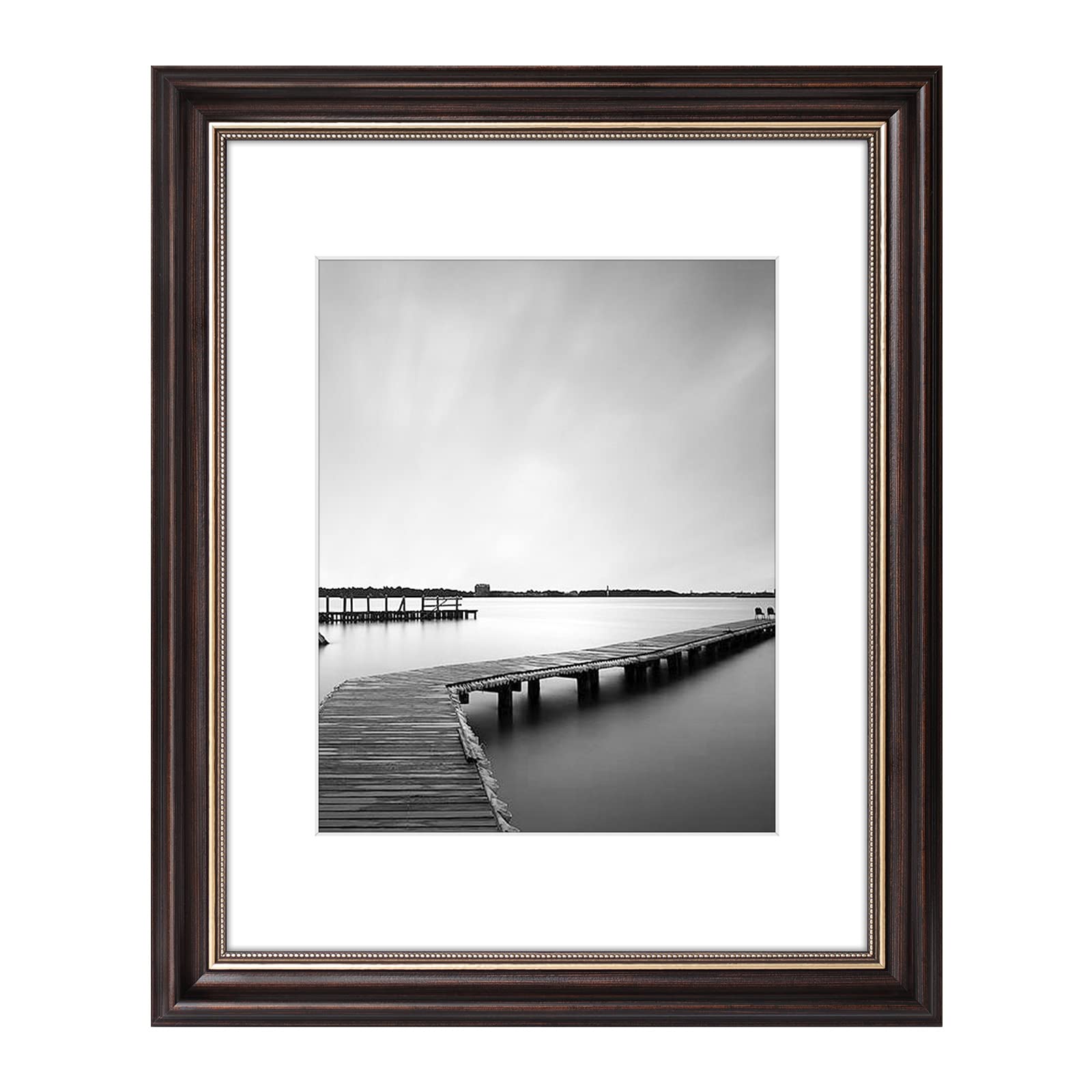 Space Art Deco, 11x14 Picture Frame with Mat for 8x10 Photo or Display 11x14 Poster Without Mat, Shatter Resistant Glass Wall Mounting (Ornate Gold/Dark Brown)