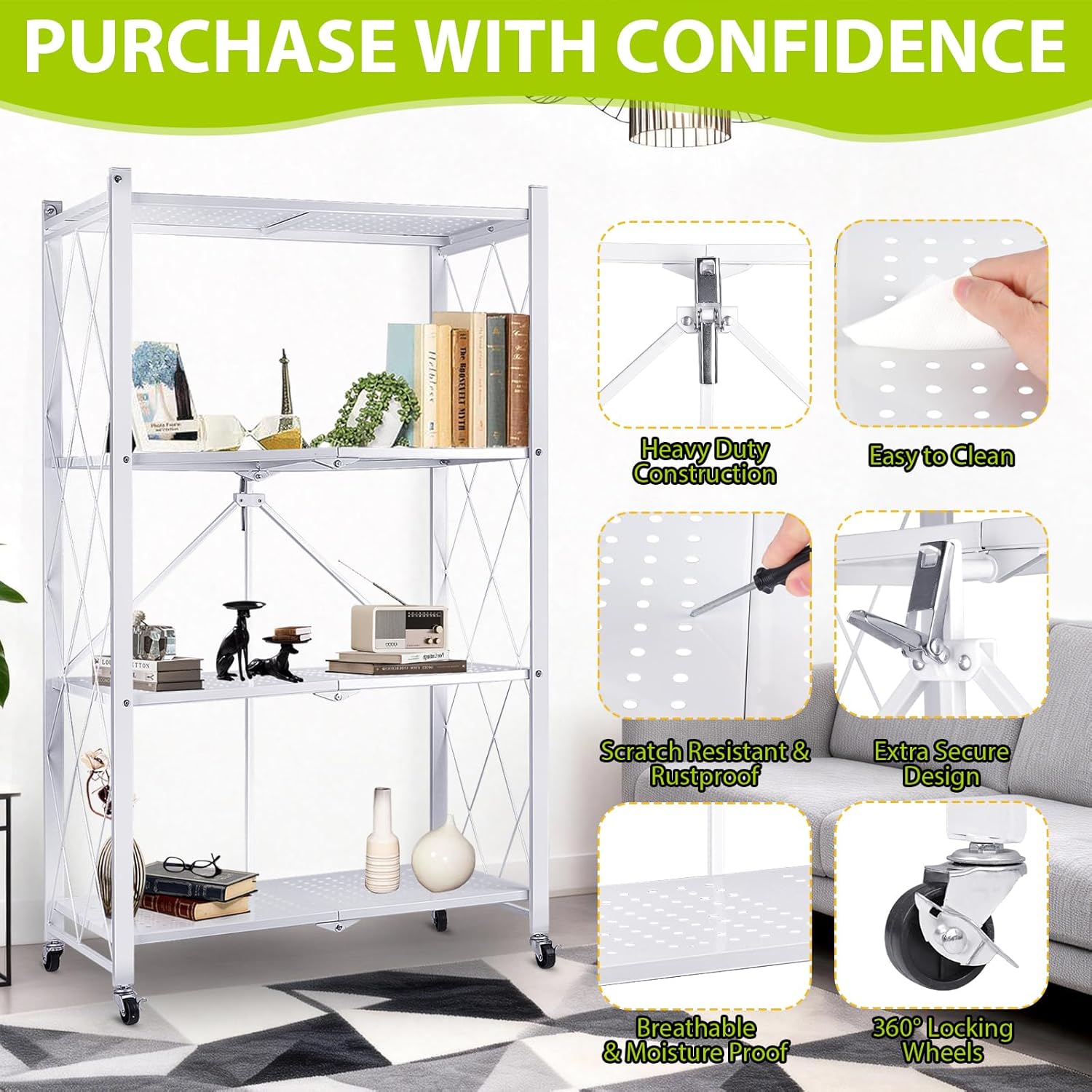 4-Tier Foldable Storage Shelf with Wheels, Metal Collapsible Shelving Unit, Heavy-Duty Rolling Cart for Kitchen Pantry Garage Office, Pre-Assembled Organizer Rack – White