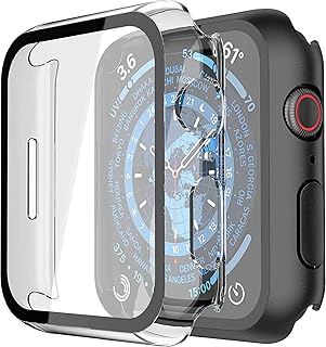 Piuellia 2 Pack Hard Case with Tempered Glass Screen Protector for Apple Watch Series 9 (2023) Series 8 Series 7 41mm, Ultra-Thin Overall PC iWatch Protective Cover, 1 Black + 1 Transparent